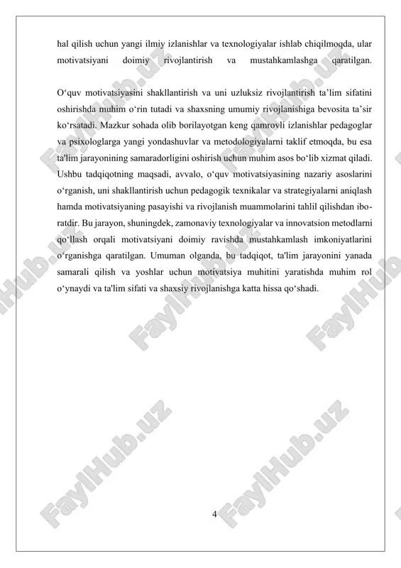 lgilash, muvofiqlashtirilgan baholash, ijobiy muhit yaratish va individual yondashuvlar orqali o‘quvchilarning motivatsiyasini oshirish mumkin. masalan, o‘qituvchi o‘quvchining qiziqishlari va ehtiyojlarini hisobga olgan holda, shaxsiy maqsadlar belgilashga yordam berishi, ular uchun muvaffaqiyatli natijalar va mukofotlar taqdim etishi mumkin. bu jarayonlarda, psixologik va ijtimoiy omillarni hisobga olish, shuningdek, motivatsiya pasayishi yoki qiziqishning yo‘qolishi kabi muammolarga qarshi chora-tadbirlar ishlab chiqish muhimdir. o‘quv motivatsiyasining rivojlanishi uchun texnologik innovatsiyalar va interaktiv metodlar ham keng qo‘llaniladi. masalan, raqamli ta'lim platformalari, o‘quvchilarning faolligini oshirish uchun interaktiv o‘yinlar va muhitlar yaratish, shuningdek, shaxsiy yondashuvni ta'minlash imkoniyatlarini kengaytiradi. bu esa, o‘quvchilarning ta'lim jarayoniga bo‘lgan qiziqishini mustahkamlashga yordam beradi. shu bilan birga, motivatsiya pasayishi, qiziqishning yo‘qolishi yoki tashqi muhitning salbiy ta’siri kabi qiyinchiliklar mavjud bo‘lib, ular bilan kurashishda yangi metodlar va texnologiyalar muhim ahamiyat kasb etadi. xulosa qilib aytganda, o‘quv motivatsiyasining nazariy asoslarini chuqur tushunish va uni amaliyotda to‘g‘ri shakllantirish uchun turli nazariyalar va yondashuvlarni o‘zaro integratsiya qilish zarur. bu, …