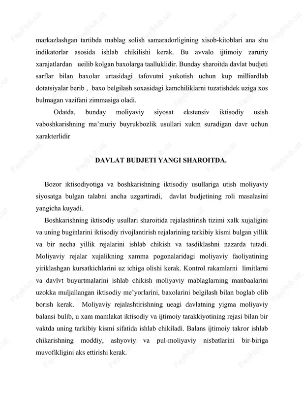 kismini, unga karashli korxona , tashkilotlaning pul fondiga aylantirib, ularning iktisodiy usishni ta’minlash, jamiyat a’zolari umumiy extiyojini kondirish, mamlakatni idora etish uchun taksimlash va ishlatish borasidagi munosabatlar. davlat moliyasi tarkiban : 1. davlat budjetidan, 2. budjetdan tashkari uyushtirilgan pul fondlari, 3. davlat krediti, 4. davlat korxonalari moliyasidan iborat. bu yerda makro va mikro moliya munosabatlari chatishib ketadi. agar davlatga tegishli korxona moliyasi amalda mikromoliya bulsa, aytlgan boshka unsurlar makromoliyani tashkil etadi. davlat moliyasi daromadlar va xarajatlarning yaxlitligidan iborat. davlat daromadlari – bu milliy daromadni va boylikni taksimlash va kayta taksimlash jarayonida uning davlatga tekkan kismidir. u bevosita davlat ixtiyoridagi va davlat korxonalari kulidagi daromaddan iborat buladi. davlat daromadlari ichki va tashki munosabatlardan tushadi, ammo asosiysi ichki manbadir. ichki manbaning 3 shakli mavjuddir: 1. soliklar, 2. zayomlar, 3. emissiya. soliklar – milliy daromadni taksimlash va kayta taksimlash jarayonida uning bir kismini davlat ixtiyoriga olish shaklidir. soliklar uch xil funksiyani bajaradi : …