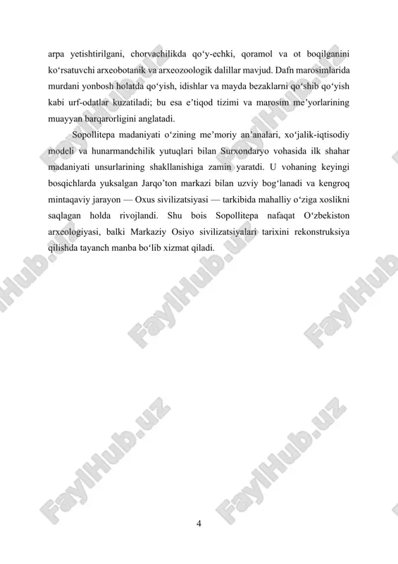 ‘roqlar va ignalar uchrashi xomashyo aylanishi va ixtisoslashgan ustaxona tarmoqlarini ko‘rsatadi. toshga va suyakka ishlov berish bilan tayyorlangan mayda anjomlar, bezak buyumlari hamda yarim qimmatbaho toshli marjonlar madaniy kompleksning texnologik xilma-xilligini to‘ldiradi va uzoq masofali ayirboshlash aloqalariga ishora qiladi. ma’naviy-marosimiy hayot o‘choq markazli uy ichki amaliyotlari hamda ramziy predmetlar orqali namoyon bo‘ladi. kul qatlamlari, supachalar, sopol supalar va tosh idishchalar uy ichida o‘tkazilgan marosimlarning moddiy izlarini qoldirgan. terrakota haykalchalar, zoomorf va antropomorf tasvirlar, idish yuzalaridagi ramziy naqshlar jamiyatning e’tiqodiy tasavvurlarini ifoda etadi. yaqin nekropollarda kuzatiladigan dafn marosimlari, idish qo‘shimchalari va metall-buyumli komplektlar maqom, yosh-jins va kasb belgilarini ifodalovchi marosimiy kodlar mavjudligidan dalolat beradi; ular sopollitepaning ramziy dunyoqarashi va ijtimoiy me’yorlari bilan uyg‘un talqin qilinadi. ijtimoiy tuzilmaning tabaqalanishi uy-joy o‘lchami, ichki jihozlanish darajasi, kamyob xomashyodan tayyorlangan buyumlarning taqsimoti va zaxira idishlar sonidagi tafovutlar orqali ko‘zga tashlanadi. hunarmandlar, dehqon-chorvadorlar va boshqaruv funksiyalarini bajargan shaxslar o‘rtasida mehnat taqsimoti kuchaygani, mahsulotni saqlash va qayta …