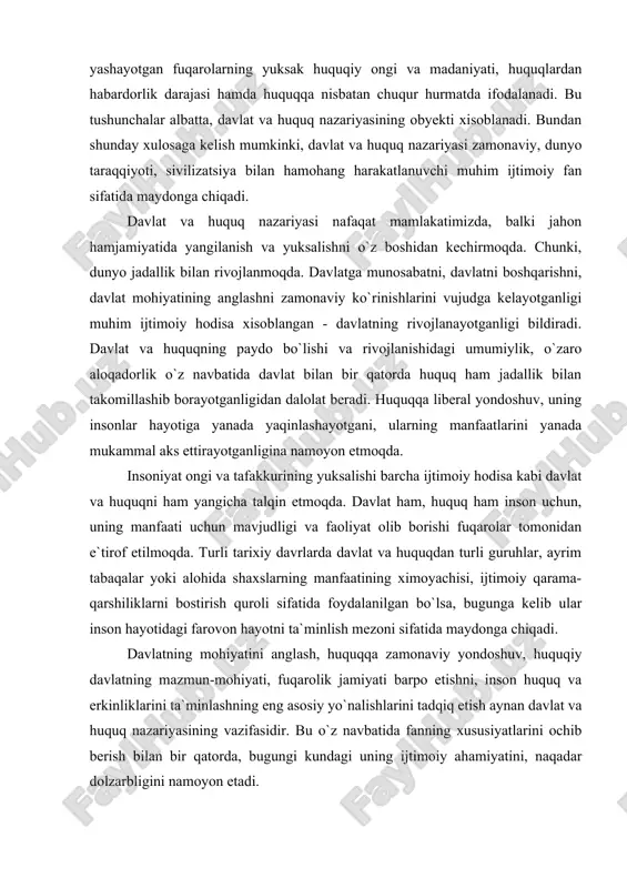 `minlashning eng asosiy yo`nalishlarini tadqiq etish aynan davlat va huquq nazariyasining vazifasidir. bu o`z navbatida fanning xususiyatlarini ochib berish bilan bir qatorda, bugungi kundagi uning ijtimoiy ahamiyatini, naqadar dolzarbligini namoyon etadi. xozirgi zamon hamda davlat va huquq nazariyasi fani xxi asrga kelib dunyo fanlari jamiyatning yuksak taraqqiyotiga asos bo`lib xizmat qilmoqda. olamshumul kashfiyotlar, misli ko`rilmagan ixtirolar turli fanlarning yutug`idir. bugungi sivilizatsiya sharoitida fanning yangi-yangi ko`rinishlarining paydo bo`lishi bilan bir vaqtda avval mavjud bo`lgan fanlar takomillashtirib borilmoqda. davlat va huquq nazariyasi fani ham shular jumlasidan. shu o`rinda “fan” tushunchasiga to`xtalib o`tish o`rinli. fan – bu muayyan soha bo`yicha bilimlar berishga ixtisoslashtirilgan ilm yo`nalishi xisoblanadi. “fan — tabiat, jamiyat va inson tafakkuri to`g`risidagi tushunchalarda, kategoriyalarda, qonunlarda aks ettirilgan, haqqoniyligi amaliyotda tasdiqlangan bilimlar tizimidir. har bir fan o`ziga xos obyekti va unga mos keluvchi predmeti bilan ajralib turadi”. fan jamiyat va tabiatni, umuman borliqni anglashning kalitidir. xar bir fan o`z predmeti va metodiga …