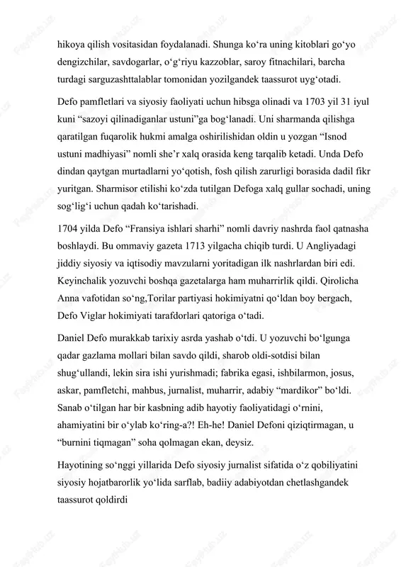 ar unga vafotidan keyin nasib etdi. ijod ahli hayoti ana shunday turfa qismatlari bilan o‘ziga xos sirli olamdir. asar haqida robinzon kruzo – 1719-yil aprelda ingliz yozuvchisi daniel defo tomonidan nashr etilgan roman. asar insonning tabiat bilan uyg‘unlikda ma’naviy tiklanishi haqida hikoya qiladi. bu roman dengiz sayohatchisi robinzon kruzoning avtobiografiyasi sifatida yozilgan. defo o‘z romaniga prototip qilib, shotlandiyalik qayiqchi selkirkning 1704–1709-yillarda kimsasiz orolda qolib ketganini olgan edi. 1719-yil avgustda defo “robinzon kruzoning keyingi sarguzashtlari” nomli ikkinchi kitobini chiqardi va yana bir yil o‘tgach “robinzon kruzoning jiddiy fikrlari” deb nomlangan uchinchi kitobini ham yozdi. lekin faqat birinchi kitobgina dunyo adabiyoti xazinasiga kirdi va shu bilan birga yangi “robinzoniada” janri paydo bo‘lishiga sababchi bo‘ldi. syujet kitob, york shahrida yashovchi va uzoq dengizlarga sayohat qilishni orzu qilgan robinzon kruzoning xayoliy avtobiografiyasi sifatida yozilgan. otasining xohishiga qarshi, 1651-yilda u o‘z uyini tashlab, do‘sti bilan birinchi dengiz safariga jo‘naydi. ushbu sayohat angliya qirg‘og‘ida kema halokati …