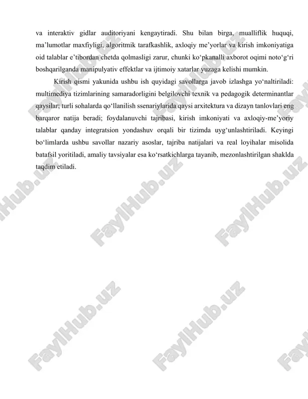 video, animatsiya hamda interaktiv boshqaruv elementlarini — yagona semantik makon va texnik arxitekturaga integratsiyalash jarayoni sifatida talqin qilinadi. bu integratsiya uch qatlamli model orqali tushuntiriladi: kontent qatlamida multimodal ma’lumotlar to‘plami va ularning semantik bog‘lanishi; taqsimlash–ishlov berish qatlamida kodlash, siqish, sinxronlash, transkodlash, kechikishni boshqarish va tarmoqlar bo‘ylab uzatish; interfeys qatlamida esa foydalanuvchi–tizim o‘zaro ta’sirini ta’minlaydigan hci prinsiplari, signallarni ko‘rish–eshitish organlari bilan uyg‘unlashtirish va kognitiv ergonomika. shu uchlik o‘zaro moslashganda multimediya tizimlari nafaqat “ko‘p formatli” taqdimot, balki ma’lumotni anglash va qayta ishlashga xizmat qiladigan kognitiv vosita sifatida ishlaydi. mazmuniy jihatdan multimediya ikki tipdagi bog‘lanishga tayangan: sinxron bog‘lanish real vaqt rejimida audio–video oqimlar, subtitr va interaktiv triggerlar orasidagi aniq vaqt moslashuvini talab qiladi; asinxron bog‘lanish esa sahifa, slayd yoki sahna darajasida kontent segmentlari o‘rtasidagi semantik izchillikni ta’minlaydi. kodlash–siqish algoritmlari (masalan, audio uchun pcm, mp3, aac; video uchun mpeg-2, h.264/avc, h.265/hevc, av1) axborot hajmini qisqartirgan holda idrok sifati va o‘tkazuvchanlik o‘rtasida muvozanat yaratadi. oqimli …