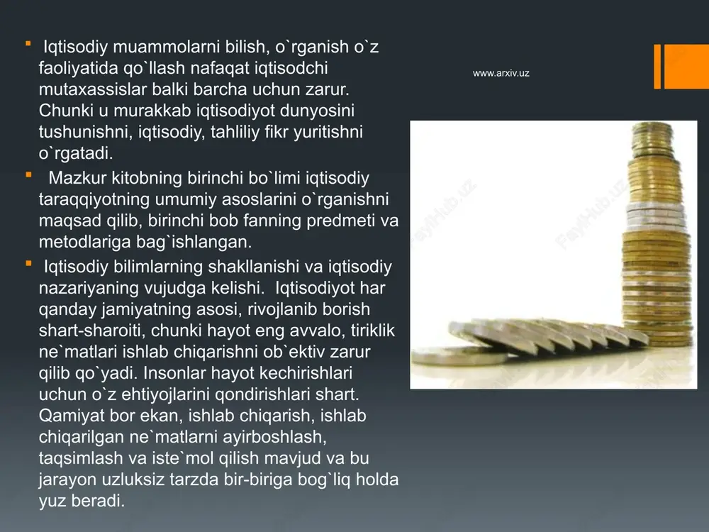 aliklarda yaratiladi. aristotelning fikricha, natural xo`jalik bu — ideal — kam-ko`stsiz xo`jalik. ularning boy-kambag`allik darajasi er va unga ishlov beruvchi qullar (aristotelning iborasi bilan aytganda «gapiruvchi mehnat qurollari») miqdoriga bog`liq deb ko`rsatgan. qadimgi rim mutafakkirlari asosiy diqqat-e`tiborlarini miloddan avvalgi qishloq xo`jalik muammolariga, qullar mehnatini tashkil etish, erga mulkchilik masalalariga qaratishgan. ular orasida varron (miloddan avvalgi 116—27 yillar), m. katon (miloddan avvalgi 234—149 yillar), kolumella (miloddan bir asr avval) va boshqalar ajralib turadilar. www.arxiv.uz milodning dastlabki ming yilligidan iqtisodiy fikr, iqtisodiy ta`limot rivojida din muhim rol o`ynadi. iqtisodiy qarashlarda tub o`zgarishlar yuz berdi. bu eng avvalo, quldorlikni qoralashda ko`rinadi. iqtisodiy qarashlarning rivojlanishida muqaddas kitoblar — «tavrot», «zabur», «injil» va, ayniqsa, «qur`on» katta ahamiyatga ega. ana shu davrda o`rta osiyoda iqtisodiy tafakkurning rivojlanishi buyuk allomalarimiz forobiy, ibn sino, beruniy, yusuf xos hojib, navoiy va boshqalarning nomi bilan bog`liq. ularning asarlarida iqtisodiy qarashlar bir butun holda berilgan bo`lsa-da, ular alohida diqqat-e`tiborga loyiq. forobiy …