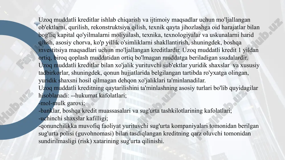 i kreditlardan foydalanish ustidan bank nazorati. kreditlardan samarali va maqsadli foydalanish ustidan nazorat quyidagi shakllar va yo'nalishlar bo'yicha amalga oshiriladi: a) to'lov xujjatlarining ssuda hisobvarag'idan obektning smetasiga va maqsadli belgilanishiga, ularning muvofiqligini kredit o'tkazilishi chog'ida nazorat qilish; b) kredit shartnomasida ko'rsatilgan shartlarda qurilish joyiga chiqish bilan kreditdan maqsadli foydalanishni tekshirish; v) bajarilgan ishlarning nazorat o'lchashlarini o'tkazish va kredit shartnomasida keltirilgan eltirilgan tartib tartib inventarlash. nazorat o'lchashlari boshlangunga kadar quyidagilar bilan bog'liq oshib ketishlarni aniqlash maqsadida navbatdagi hujjatlashtirilgan tekshirish amalga oshirilishi zarur: -alohida narxlar, boshqa xil va limitlashtirilgan harajatlar hajmlari, qo'shimcha harajatlar me'yorlari noto'g'ri qo'llanilishi yoki belgilanishi bilan; -arifmetik xatolar bilan; -bajariladigan ishlar qiymatiga qurilish-montaj ishlari tarkibiga kiritilmaydigan harajatlar, uskunaning sotib olinishi, ko'p yil ishlaganlik uchun, xizmat safarlari, ishlarning harakatlanuvchi tusdaligi uchun qo'shimcha haqlar, materiallar va konstruktsiyalar chiqarish va cheklangan narxlar o'rtasidagi farqlar bo'yicha kiritilishi bilan va boshqalar; -loyihalash-smeta hujjatlari mavjud bo'lmagan ob'ektlarda ishlarning bajarilishi va harajatlar bilan; -uskuna nuqsonlarining bartaraf …