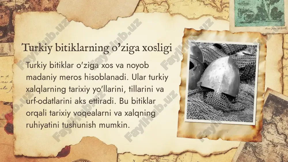 , tadqiqotlarda va san'atda qo'llanilib, zamonaviy avlodlarga madaniy merosimizni uzatishda muhim rol o'ynaydi. 01 02 03 turkiy bitiklar misollari turkiy bitiklar, tarixiy madaniyatlarimizning muhim qismidir. ular asrlar davomida farqli xalq va urf-odatlarni ifodalaydi. turkiy bitiklar, shuningdek, o'zbek, qozog'iston va turk xalqlari tarixidagi muhim voqealar va qadriyatlarni o'z ichiga oladi. masalan, o'zbekistondagi "kutadgu bilig" asari, turkiy bitiklarning eng mashhur namunalaridan biridir va dono fikrlar bilan to'lgan. 01 02 03 etnik madaniyat va bitiklar etnik madaniyatning roli bitiklarning madaniy talqini etnik madaniyatlar turkiy bitiklarning paydo bo'lishida katta ahamiyatga ega. har bir xalqning o'ziga xos an'analari va qadriyatlari bitiklarda aks etadi. turkiy bitiklar, ko'pincha madaniy meros sifatida talqin qilinadi. ular avloddan avlodga o'tib, etnik guruhlarning tarixini va madaniyatini saqlab qolishga yordam beradi. xulosa turkiy bitiklarga oid manbalar, tarixiy va madaniy merosimizni o'rganishda muhim ahamiyatga ega. ushbu manbalar xalqning kelajagini belgilashda yordam beradi. shuning uchun, ularga e'tibor qaratish lozim. foydalanilgan adabiyotlar 1. tursunov, n. …