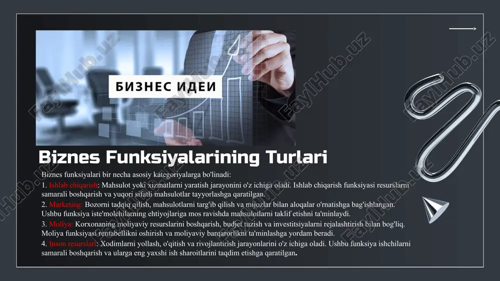 oyillari va usullari muhim hisoblanadi. boshqarish jarayonida xodimlarning ehtiyojlarini inobatga olish, ularning rivojlanishini ta'minlash va tashkilot maqsadlariga erishishga qaratilgan strategiyalarni ishlab chiqish zarur. kadrlar (hr) boshqaruvifunksiyasi, shuningdek, xodimlarning o'sishi va rivojlanishiga imkoniyatlar yaratish, shuningdek, ularning faoliyatini doimiy ravishda baholash va takomillashtirishni o'z ichiga oladi. biznes funksiyalari nima? biznes funksiyalari - bu tashkilotlarning maqsadlariga erishish uchun zarur bo'lgan turli faoliyatlar to'plamidir. ular ishlab chiqarish, marketing, moliya, va inson resurslari kabi sohalarni o'z ichiga oladi. ushbu funksiyalar biznes jarayonlarining samaradorligini oshirishda muhim rol o'ynaydi. masalan, marketing funksiyasi, mahsulotlarni yoki xizmatlarni bozorga chiqarish orqali xaridorlarni jalb qilish va savdoni oshirishga yordam beradi. shunday qilib, har bir biznes funksiyasi, o'z navbatida, umumiy tashkilot samaradorligini oshirishga hissa qo'shadi. tarkibiy qismlar haqida umumiy ma'lumot biznes funksiyalari, tashkilotning maqsadlariga erishish uchun zaruriy jarayon va faoliyatlar to'plamidir. ular quyidagi asosiy qismlardan iborat: marketing, moliya, inson resurslari, operatsiyalar va axborot texnologiyalari. har bir funksiya o'zining o'ziga xos vazifalariga ega …