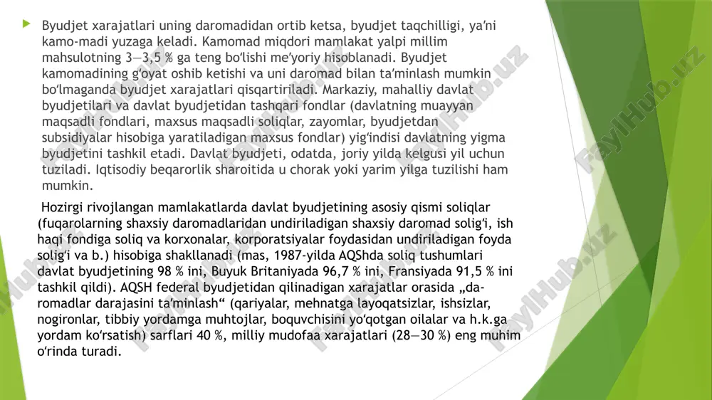 ning moliyaviy ahvoli, albatta, davlat byudjeti bilan bo'ladigan o'zaro munosabatlarda soliqlarda, to'lovlarda, byudjetdan moliyalashtirish hajmlarida, byudjet assignovaniyalarini o'zlashtirishda va hokazolarda o'z ta'sirini ko'rsatadi davlat byudjeti mamlakat byudjet tizimining barcha soha va bo'g’inlari bilan o'zaro munosabatlarga kirishadi. bu munosabatlar quyidagilarda namoyon bo'ladi -davlat byudjeti mablag'lari hisobidan davlat maqsadli jamg'armalaridagi vaqtinchalik kassaviy uzilishlar mablag' bilan qoplanishi mumkin, o'z navbatida, davlat maqsadli jamg'armalarining mablag'lan davlat byudjetida yuzaga kelgan taqchillikni qoplashning noinflyatsion manbasi bo'lib xizmat qiladi, -davlat krediti orqali davlat o'z majburiyatlarini bajarish uchun ichki va tashqi manbalardan qarz oladi, shuningdek mamlakat ichkarısıdagi subyektlarga hamda xalqaro moliyaviy munosabatlarining ishtirokchilari bo'lgan subyektlarga qarz beradi, byudjetning taqchilligini qoplash manbai sifatida ham davlat qarzi maydonga chiqadi, shu munosabatlarda davlat byudjeti bilan davlat moliyasining alohida bo'g'ini bo'lgan davlat krediti o'rtasida muayyan moliyaviy munosabatlar sodir bo'ladi, - mamlakat byudjet tizimining alohida sohasi bo'lgan tijorat asosida faoliyat yurituvchi korxonalar moliyasi orqali davlat byudjetining daromad manbai bo'lgan qo'shilgan qiymat, foyda, daromad …