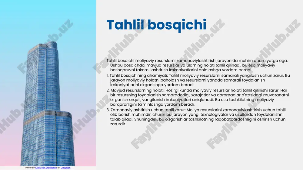 idan, ushbu metodlar orqali xavflarni kamaytirish mumkin. beshinchidan, bu usullar innovatsiyalarni rag'batlantirishga yordam beradi. misol uchun, o'zbekistonda bir qator kompaniyalar raqamli transformatsiya loyihalarini amalga oshirib, xizmatlarini va mahsulotlarini modernizatsiya qilmoqda. shuningdek, xalqaro tajribalarga tayangan holda, bir nechta korxona avtomatlashtirish tizimlarini joriy etgan. umuman olganda, ushbu metodlar moliyaviy resurslarni modernizatsiya qilishda samaradorligini ko'rsatmoqda. ularning qo'llanilishi natijasida harajatlar kamaymoqda va foyda ko'paymoqda. 1 2 3 4 aksiyadorlik jamiyatlari uchun moliyaviy resurslar tahlili moliyaviy resurslar aksiyadorlik jamiyatlari uchun juda muhim hisoblanadi. ular korxonaning o'sishi va rivojlanishi uchun zaruriy mablag'larni taqdim etadi. aksiyadorlik jamiyatlari moliyaviy resurslardan foydalanib, o'z faoliyatini kengaytirish va investitsiyalarni amalga oshirish imkoniyatiga ega. ularning moliyaviy resurslari aksiyalar, obligatsiyalar va boshqa moliyaviy instrumentlar orqali jalb qilinadi. moliyaviy resurslarni tahlil qilishda swot tahlili, moliyaviy ko'rsatkichlar va boshqa usullar qo'llaniladi. bu usullar orqali jamiyatning kuchli va zaif tomonlari, imkoniyatlari va tahdidlari aniqlanadi. aksiyadorlik jamiyatlarida moliyaviy resurslarning kamchiliklari, masalan, mablag'larni boshqarishdagi muammolar, likvidlik muammolari va …