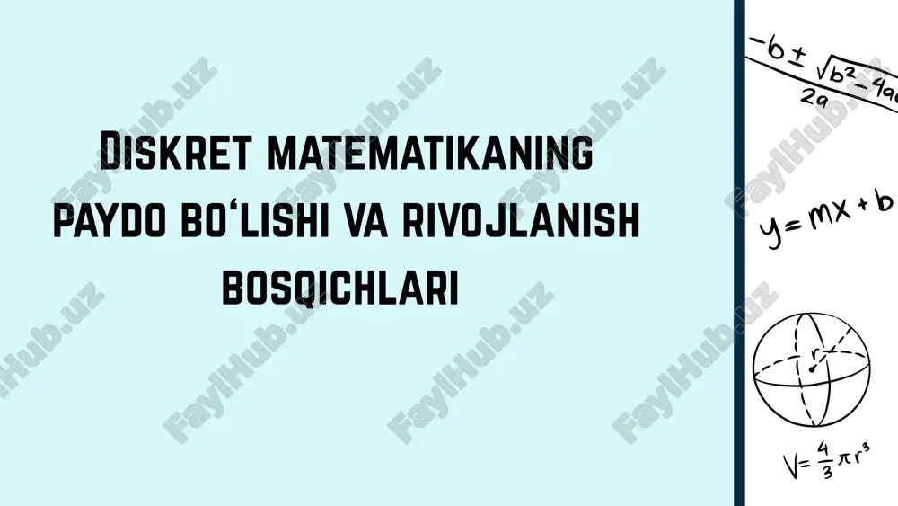 im? a) paskal b) aristotel c) frege d) neyman → to‘g‘ri javob: b 4. bul algebrasi nima uchun ishlatiladi? a) mantiqiy amallarni ifodalash uchun b) faqat algebraik tenglamalarni yechish uchun c) trigonometriyada d) fizik formulalarda → to‘g‘ri javob: a 5. diskret matematika va mantiq hozirda qaysi sohada eng muhim rol o‘ynaydi? a) san’atda b) informatika va texnologiyada c) falsafada d) adabiyotda → to‘g‘ri javob: b e'tiboringiz uchun rahmat