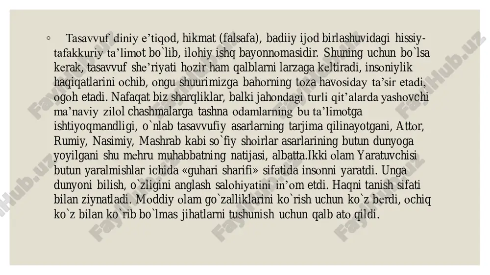 g`oni» kabi xizmat qiladi. tasavvuf poklanish ilmi ekan, unda bosh amal qalbni oqlash, ruhni poklash va nafs tarbiyasidir. ◦ hamma gap ichki, botiniy olamni poklashdadir. agar «jism fano shu’lasiga yashiringan» (navoiy) bo`lsa. agar qalbda iloh muhabbati va jazbasi to`lib- toshib tursa, kishi xush xulqi, najib sifatlari bilan fazlu kamolot va kashfu karomat koni bo`lsa, uning kiygan kiyimi qanaqaligi, mol-mulki bor-yo`qligiga qaramay, u alloh nazdida faqirdir va shu bois buyukdir, sevimlidir. tasavvufshunoslik tarixida ayrim g`arb olimlari bilan islom mutasavviflarining qarashlari o`rtasida ziddiyatlar bor. tasavvuf islomdan tashqarida deyuvchilar uni islomga qarshi qo`yish yo`lidan boradilar va mustaqil ta’limot sifatida tushuntirmoqchi bo`ladilar. mumtoz tasavvufshunoslik esa tasavvuf islomning ichida paydo bo`lgan, uning «vatani» qur’oni karimdir, chunki u zohiriy ilm (ilmi qol) emas, balki ilmi holdir deb tushuntiradi. shuning uchun uning bosh omili farz amallarini talab etuvchi shariatning bosh kitobi kalomullohdir. ◦ mutasavvif o`z ibodatiga, ollohga bo`lgan sevgisiga teskari kelmagan dunyodan yuz o`girmaydi. u ibodat payti …