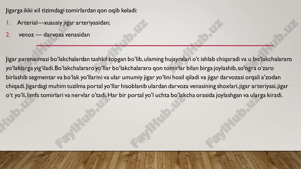 ish, shishganlik va og ‘irlik sezgisi; ♦ og ‘izda achchiq ta’m; ♦ kekirish; ♦ ko ‘ngil aynishi, qayt qilish; ♦ qorin dam bo ‘lishi va quldirashi; ♦ qabziyat yoki ich ketish. teri qichishishi jigar va o’t yo’llari kasalliklarining ko‘p uchrovchi belgilaridan biri tananing qichishishi hisoblanadi. uning yuzaga kelishida qondagi o‘t kislotalari miqdorining oshishi va uning ajralishining buzilishi yotadi. 04-tosh kasalligida teri qichishi ko‘p hollarda sariqlik bilan birga kuzatilsa ham ba’zan usiz kechishi mumkin. ba’zi bemorlarda u tarqalmagan va qat’iy ma’lum bir sohada (ko‘proq o‘ng kurak ostida) joylashadi. ayrim hollarda teri qichishishi tunga yaqin keskin kuchayadi, bemor uyqusining buzilishiga va jismoniy hamda ruhiy charshashga olib keladi. sariqlik sariqlik – qondagi bilirubin miqdorining ortishi hisobiga teri hamda ko’z shilliq qavatlarining va organizmdagi boshqa to’qimalaming sariq rangga bo’yalishi hisoblanadi. og‘riq xurujidan keyin rivojlangan sariqlik o‘t yo’llari kasalliklaridan dalolat beradi.jigar va o’t yo’llari kasalliklariga shubha bo’lgan bemorlardan anamnez yig’ganda sariqlikning xarakterini aniqlash alohida o’rin …