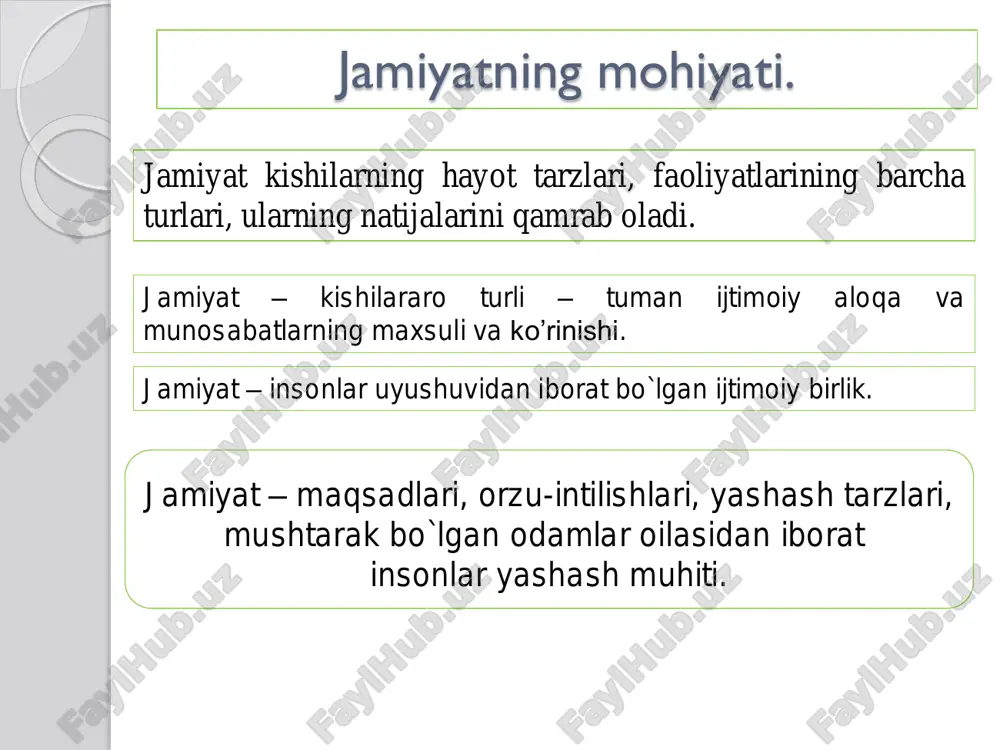 n, o’ziga xos umumiy xususiyatlarga ega bo’lgan kishilar birlashuvi - ijtimoiy birliklar, deb yuritiladi. ijtimoiy birliklar uch ko’rinishda bo’ladi: eng kichik ijtimoiy birlik; oila, mahalla bir mamlakat miqyosidagi ijtimoiy birlik; xalq, millat umumiy, eng umumiy ijtimoiy birlik ; irq, insoniyat jamiyatning siyosiy hayoti jamiyatning siyosiy hayoti deganda, sinflar, millatlar, turli siyosiy kuchlarning o`zaro munosabatlari, ularning davlat hokimiyatini qo`lga kiritish va mustahkamlash borasidagi faoliyati nazarda tutiladi. jamiyat siyosiy hayoti sohasi siyosat tushunchasida ifodalanadi. siyosat tushunchasi keng ma`noda jamiyatning siyosiy tizimi, uning faoliyati, turli siyosiy institutlarning hokimiyatga munosabatini ifodalaydi. siyosat tor ma`noda davlatning boshqarish ma`nosini ifodalaydi. qadimda siyosatga jamiyat va shahardavlat (polis)ni boshqarish to‘g‘risidagi fan (platon va aristotel) sifatida karalgan bo‘lsa, hozirgi vaqtda siyosat deganda davlatni boshqarishning vazifa va maqsadlari hamda bu maqsadlarni amalga oshirish uchun mavjud yoki zarur bo‘ladigan ijtimoiy- siyosiy institutlar, jamoat boshqarishdagi ishtiroki tushuniladi. jamiyatning ma`naviy hayoti. jamiyatning ma`naviy hayoti deganda kishilarning ma`naviy hayoti, shu faoliyat natijalari hamda ma`naviy …