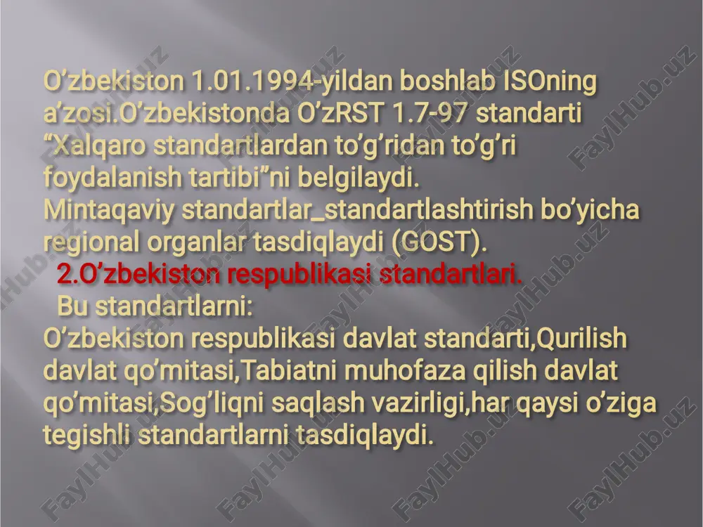 ligi sababli,hozirgi kunda bu stan-dartlashtirish tizimi juda mashxurdir. demak, sifat menejmenti - bu yuqori sifatli boshqaruv va raxbarlikning o’zaro muvofiq keluvchi faoliya-tidir.sifat menejmenti-o’z ichiga sifatni boshqa-rish,sifatni rejalashtirish,sifatni ta’minlash,sifatni yaxshilashni qamrab oladi. iso 9000:2008 –hozirgi kunda korxona va tashkilotlar sifatli boshqaruvning asosiy talabla- rini bajarish orqali mahsulot yoki xizmat sifatiga urg’u berib o’z nufuzlarini oshirishga harakat qili- shadi.shu sababli iso 9001 standartlarini bajarish ommalashganligi sababli,hozirgi kunda bu stan-dartlashtirish tizimi juda mashxurdir. demak, sifat menejmenti - bu yuqori sifatli boshqaruv va raxbarlikning o’zaro muvofiq keluvchi faoliya-tidir.sifat menejmenti-o’z ichiga sifatni boshqa-rish,sifatni rejalashtirish,sifatni ta’minlash,sifatni yaxshilashni qamrab oladi. bugungi kunda sifat menejmenti o’zbe- kistonning ko’plab ishlab chiqarish korxo- nalari va muassasalarida xalqaro talablarga muvofiq joriy etilmoqda hamda raqobat- bardoshlik, manfaatdor kompaniyalar unumdorligi va daromadlarini oshirishning samarali usuli hisoblanadi. bugungi kunda sifat menejmenti o’zbe- kistonning ko’plab ishlab chiqarish korxo- nalari va muassasalarida xalqaro talablarga muvofiq joriy etilmoqda hamda raqobat- bardoshlik, manfaatdor kompaniyalar unumdorligi va daromadlarini oshirishning …