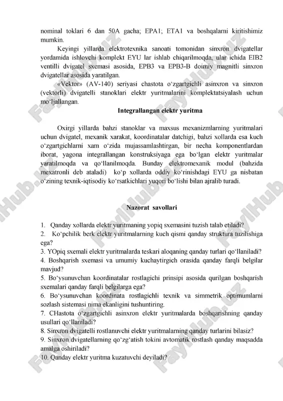 orida keyu larning bahzilari (etu 3601, et3) chpuli stanoklar sistemasining aloqa blokiga ega. ko‘rib chiqilgan keyu larning ko‘pchiligida bir yoki uch fazali, ko‘prikli yoki nolli, noreversiv yoki reversiv sxemalar bo‘yicha qurilgan tristorli kuch o‘zgartgichlar mavjud. prp va eshir1 tipi keyu larda kuchlanishi kengimpuls modulyasiyali shim tranzistorli o‘zgartgich qo‘llaniladi. stanokli keyu larning ko‘pchiligida boshqarish sxemalari tok va tezlikning p va pi rostlagichlarining bo‘ysunuvchan koordinatalar rostlagichi asosida qurilgan, bu esa ming va undan ortiq diapazondagi tezliklarni rostlash imkoniyatini boradi. et3, etrp, epu1 tipli keyu larda stanoklarning asosiy xarakatlari uchun tristorli o‘zgartgichlar (qo‘zg‘atgichlar) yordamida dvigatelning qo‘zg‘atish tokini boshqarish ko‘zda tutilgan bo‘lib, bu bilan tezlik rostlagichning diapazonini yashirishga erishiladi. stanokli keyu larning quvvati birdan boshlab bir necha o‘n kilovatgacha bo‘lishi mumkin. 1.3. o ‘zgaruchan tokli komplekt elektr yuritm a bunday elektr yuritmalarning safi doimiy ravishda kengayib bormoqda va ular tarkibida asinxron va sinxron dvigatelli elektr yuritmalar mavjud. asinxron dvigatelli keyu larning birinchi seriyalari safiga …