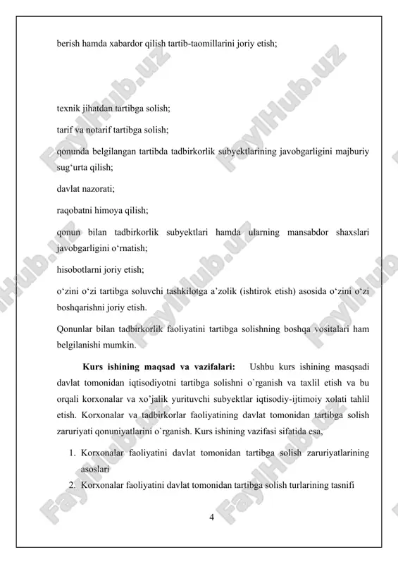larining faoliyatini quyidagi qonunlar bilan tartibga solinadi hamda kafolatlanadi: “mulkchilik to’g’risi”gi, “tadbirkorlik faoliyaiti erkinligi kafolatlari to’g’risida”gi, “xo’jalik yurituvchi sub’ektlarining davlat tomonidan nazorat qilish to’g’risida”gi, “oilaviy tadbirkorlik to’g’risida”gi, “korxonalar to’g’risida”gi, “davlat tasarrufidan chiqarish va xususiylashtirish to’g’risida”gi, “banklar va bank faoliyati to’g’risida”gi, “chet el investitsiyalari to’g’risida”gi, “tashqi iqtisodiy faoliyat to’g’risida”gi va shu kabi boshqa qonunlarda. iqtisodiyotni davlat tomonidan tartibga solish - jamiyat a’zolarining ehtiyojlarini qondirish darajasini oshirish uchun cheklangan ishlab chiqarish resurslaridan yanada samarali foydalanishni ta’minlovchi, umumiy iqtisodiy muvozanatga erishishga yo’naltirilgan, ijtimoiy takror ishlab chiqarish jarayonini tashkil etish bo’yicha davlaatning faoliyati. iqtisodiyotni davlat tomonidan tartibga solishning maqsadi – iqtisodiy va ijtimoiy barqarorlikni ta’minlash, mavjud tuzumni mamlakat ichida va xalqaro maydonda mustahkamlash hamda uni oz’garib turuvchi sharoitga moslashtirish hisoblanadi. davlatning iqtisodiy vazifalari - bozor tizimining samarali amal qilishiga imkon tug’diruvchi huquqiy asos va ijtimoiy muhitni ta;minlash; raqobatni himoya qilish; daromad va boylikni qayta taqsimlash; resurslarni qayta taqsimlash; iqtisodiyotni barqarorlashtirish iqtisodiyotni davlat tomonidan tartibga …