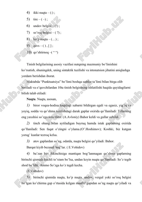 og’lar. ( e.vohidov) 4) ba’zan biri ikkinchisiga mantiqan bog’lanmagan qo’shma gaplarning birinchi qismida kuchli to’xtam bo’lsa, undan keyin nuqta qo’llaniladi: so’z tegib shod bo’ldik. ammo so’zga ko’z tegdi kecha. (e.vohidov) 5) birinchi qismida nuqta, ko’p nuqta, undov, vergul yoki so’roq belgisi bo’lgan ko’chirma gap o’rtasida kelgan muallif gapidan so’ng nuqta qo’yiladi va ko’chirma gapning davomi yoziladi: (“k! - m.– k”.) (“k, - m .– k”.) ”tangrim! – dedi ona.– farzandimga insof ber“. (s.ahmad) 6) ism, ota ismi (ba’zan familiyalar, taxalluslar) qisqartirilganda ularning birinchi harfidan (yoki bosh qismidan) so’ng nuqta qo’yiladi: a. oripov, sh.m.mirziyoyev, a.n., a.qod. kabi. 7) nashriyot ishlarida, lug’atlarda, ma’lumotnomalarda shartli qisqartmalarning birinchi harfi yoki bo’g’inidan so’ng nuqta qo’yiladi: sh.k. (shu kabilar), h.k. (hokazo). b. (boshqalar) 8) matnning manbayi, muallifi, qachon, qayerda nashr etilganligi ko’rsatilganda, muallifning (to’liq yoki) qisqartirilgan ismi, manba nomi, nashr yili, sahifa ko’rsatkichidan keyin nuqta qo’yiladi: yo’ldosheva d., hamroyeva sh. ona tili ta’limida zamonaviy pedagogik texnologiyalar.– …
