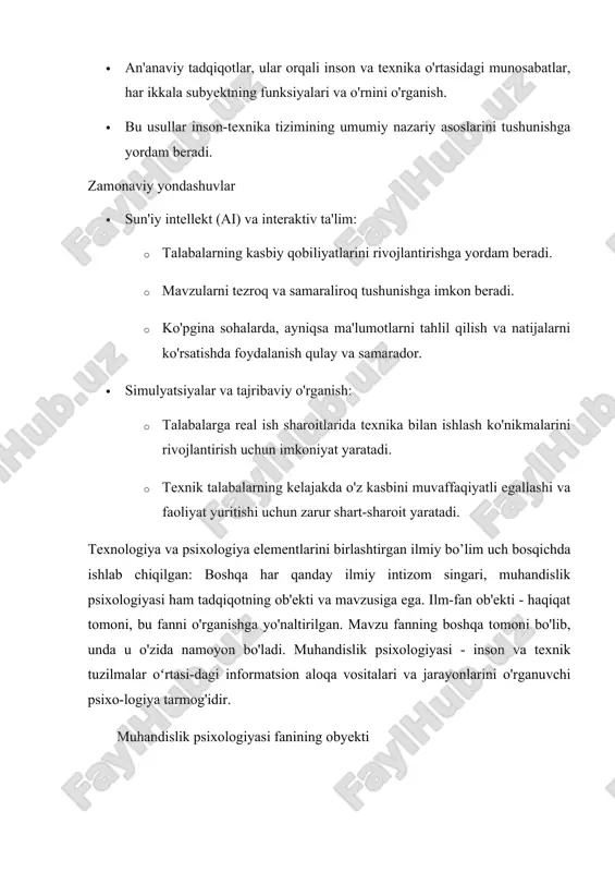 yasi fanining obyekti • texnik muhandis idoralar xodimlarining psixologiyasi; texnika inson munosabatlarida inson omili va psixologiyasi; fuqarolarning onglilik va ongsizlik holatlari; • shaxsning tuzilishi; • shaxsning faoliyati; • shaxsning faolligi va uning shakllari. muhandislik psixologiyasi inson va mashina o'rtasida axborot almashinuvi jarayonlari va vositalarini o'rganadigan psixologiya bo'limi bo'lib, ularning yuqori samaradorligiga erishish va psixologik asoslarni ishlab chiqadi: muhandislik loyihalash va jarayonni nazorat qilishni tashkil qilish; muayyan texnika bilan ishlash uchun zarur shaxsiy psixologik va kasbiy-muhim fazilatlarga ega bo'lganlarni tanlash; murakkab texnik vositalardan ish faoliyatida foydalanadigan kishilarni tayyorlash. muhandislik psixologiyasi fan sifatida ikkilamchi xususiyatlarga ega. bir tomondan, u insonni mehnat jarayonida ruhiyat namoyon bo'lishining to'laqonliligini o'rganadigan mustaqil psixologik intizomdir. boshqa tomondan, muhandislik psixologiyasida texnologiya dizayniga oid aniq texnik va muhandislik tomoni mavjud. bu o'z-o'zidan tadqiqotchi ob'ektning o'ziga xos xususiyatiga bog'liq bo'lib, bu ikkita tabiatda, "odam-mashin" tizimidir. muhandislik psixologiyasida o'rganilayotgan ob'ektning bunday ikkiligi bir qator o'ziga xos metodologik xususiyatlarni yaratadi. bunga qo'shimcha …