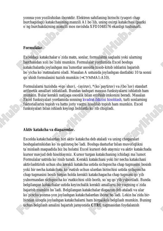 ikda belgilash mumkin. buning uchun belgilash amalini bajarish jarayonida ctrl tugmasidan foydalanish https://hozir.org/darsning-texnologik-xaritasi-v6.html mumkib. excel dasturi oynasi bilan ishlash. excel dasturi oynasini boshqarish barcha boshqa windows dasturlari oynalarini boshqarish kabi bo`lib, u kichiklashtirilgan holda bo`lganda uning chegaralarini surish uchun kerakli chegara ustiga sichqoncha ko`rsatkichini keltirilib, u ikki tomonlama ko`rsatkich ko`rinishiga o`tgach, chap tugmani bosib turgan holda chegarani keraklicha surish mumkin. dastur oynasining o`zini surish uchun shu dastur sarlavha satri ustiga sichqoncha ko`rsatkichini keltirib, chap tugmani bosib turgan holda dastur oynasini siljitish mumkin. dastur oynasini yopish uchun yuqori o`ng burchakdagi x harfi ko`rinishidagi tugma bosiladi (alt+f4 kombinatsiyasi ham shu vazifani bajaradi). bundan tashqari excel dasturida chiqish uchun dastur yuqori chap tomonida joylashgan office bosh menyusini tanlab( ), uning eng pastki qismidagi vixod iz excel buyrug`i tanlanadi. exceldan tezkor chiqish uchun shu tugmada sichqoncha chap tugmasini ikki marta tez bosish ham yetarlidir. sichqoncha va klaviatura yordamida harakatlanish. sichqoncha qurilmasi excel dasturida ishlash …