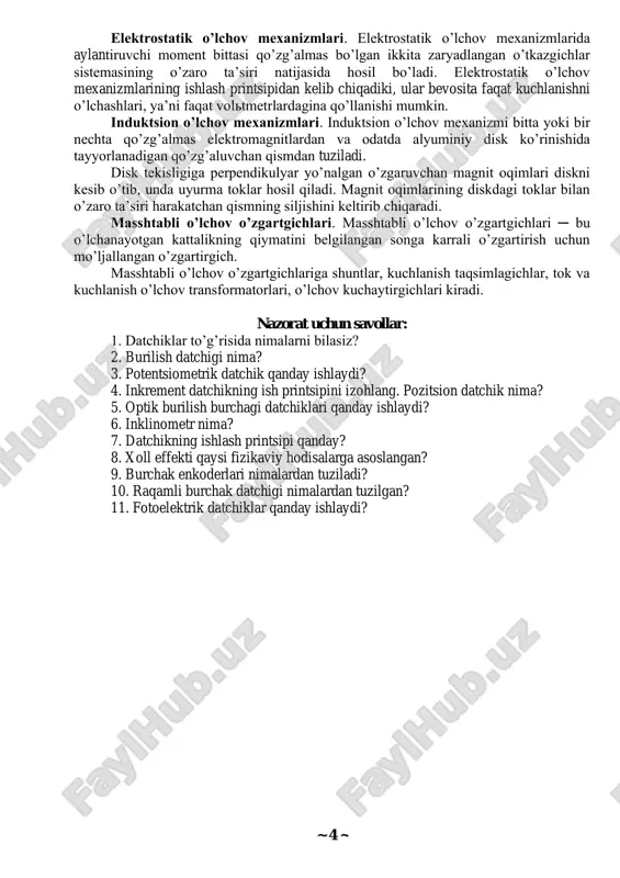 ktsiyasi: a) yapaloq g’altakli; b) dumaloq g’altakli; v) zanjiri yopiq magnit o’tkazgichli. ferrodinamik o’lchov mexanizmlari. ferrodinamik o’lchov mexanizmlari elektrodinamik o’lchov mexanizmlaridan shu bilan farq qiladiki, ularda qo’zg’almas g’altaklar ferromagnit materialdan tayyorlangan o’zaklarga joylashtirilgan. bu aylantiruvchi momentning sezilarli ortishiga va tashqi magnit maydonlari ta’sirining kamayishiga olib keladi. ~ 4 ~ elektrostatik o’lchov mexanizmlari. elektrostatik o’lchov mexanizmlarida aylantiruvchi moment bittasi qo’zg’almas bo’lgan ikkita zaryadlangan o’tkazgichlar sistemasining o’zaro ta’siri natijasida hosil bo’ladi. elektrostatik o’lchov mexanizmlarining ishlash printsipidan kelib chiqadiki, ular bevosita faqat kuchlanishni o’lchashlari, ya’ni faqat voltmetrlardagina qo’llanishi mumkin. induktsion o’lchov mexanizmlari. induktsion o’lchov mexanizmi bitta yoki bir nechta qo’zg’almas elektromagnitlardan va odatda alyuminiy disk ko’rinishida tayyorlanadigan qo’zg’aluvchan qismdan tuziladi. disk tekisligiga perpendikulyar yo’nalgan o’zgaruvchan magnit oqimlari diskni kesib o’tib, unda uyurma toklar hosil qiladi. magnit oqimlarining diskdagi toklar bilan o’zaro ta’siri harakatchan qismning siljishini keltirib chiqaradi. masshtabli o’lchov o’zgartgichlari. masshtabli o’lchov o’zgartgichlari ─ bu o’lchanayotgan kattalikning qiymatini belgilangan songa karrali o’zgartirish uchun …