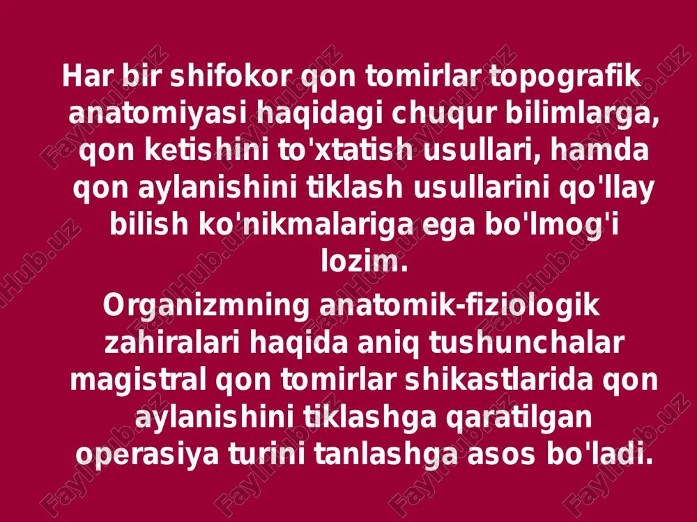 .  olib keluvchi va olib ketuvchi qon tomirlarning o'zaro nisbati a'zo va to'qimalar hayot faoliyatini ta'minlashda muhim ahamiyatga ega (ushbu nisbat buzilishi ma'lum bir tomir havzasida qon aylanishining buzilishiga olib keladi).  qonning oqib kelishi va oqib ketishini tartibga solish orqali u yoki bu sohadagi qon bilan ta'minlashni “boshqarish” imkonini beradi.  shuning uchun qon oqib kelishi va qon oqib ketishi orasidagi muvozanatni tiklash maqsadga muvofiqdir. buning uchun qo'l-oyoqning proksimal bo'limida ham arteriyani, ham venani ligatura bilan bog'lash kerak. arteriya, vena va limfatik tomirlarni tikish. tomir choki. tomir chokiga talablar.  intima qavati adaptasiyasi.  germetiklik.  tromb hosil bo'lishini oldini olish – chok iplarining tomir ichiga chiqib qolmasligi, geparinizasiya.  choklarning zichligi – qon sizib chiqishining oldini olish uchun.  tomir bo'shlig'i torayishini oldini olish. tomir choki. hozirgi vaqtga kelib 90 tadan ortiq tomir choklari ma'lum. tomir choklari qaysi qon tomirga qo'yilishiga qarab: 1) arteriyalarga qo'yiladigan choklar; 2) …