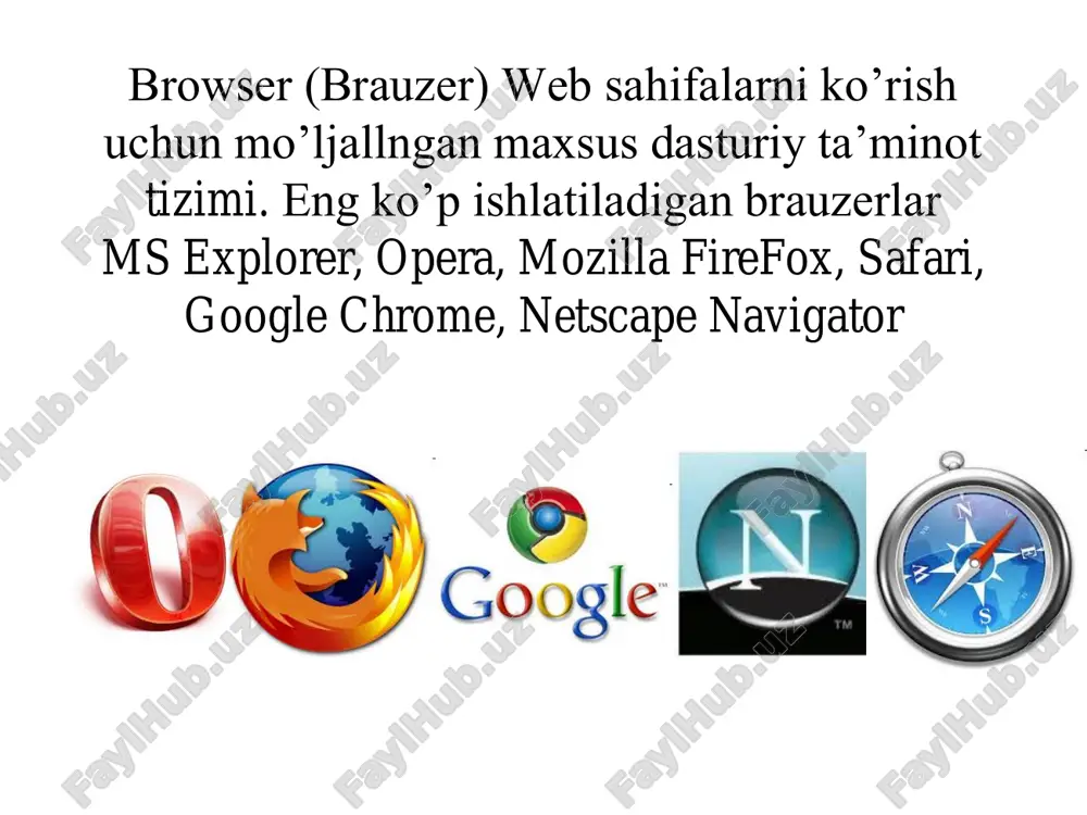 ayyorlashda ishlatiladi. html buyruklari orkali matnlarning shaklini istagancha uzgartirish mumkin. sayt – grafika va multimedia elementlari joylashtirilgan gipermedia xujjatlari kurinishidagi mantikan butun axborot xajmidir. internetga kirish  «pusk» - «programmi» - «internet explorer» tanlanadi.  yoki ishchi stoldagi - «internet explorer» belgisi sich±oncha yordamida bosiladi. bu dastur bu dastur web saxifalarini kurib chikish uchun muljallangan. web bir saxifadan boshka saxifaga murojaat kilishni ta'minlaydi. webni katta bir kutubxona kurinishida tasavvur kilish mumkin. web saxifalarini kurish uchun manzil satriga kerakli «sayt» manzili kiritiladi. masalan: http://www.rambler.ru va «enter» tugmachasi bosiladi. bu erda: http – resursdan foydalanishda gipermatn bayonnomasi ishlatilayotganligini bildiradi. www.rambler.ru – ma'lumot joylashgan internet saxifasining nomini bildiradi. agar biror bir ma'lumot kidirmokchi bulsak, kidirish satriga (iskat) kalit suz yozilib, «nayti» tugmachasi bosiladi. kerakli ma'lumotni olmokchi bulsak kuyidagi ishlar amalga oshiriladi: a) agar matnli ma'lumot bulsa, sichkoncha yordamida matn belgilanadi va sichkoncha ung tugmachasi bosilib «kopirovat» buyrugi tanlanadi. sungra word darchasi ochilib, «vstavit» …