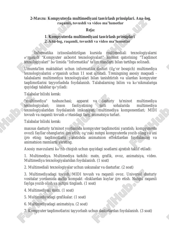 dagi tovush. midi tovush va raqamli ovoz. universal dasturiy vositalar yordamida audio kompakt -disklardan kuylar ijro etish. nutqni raqamli faylga yozib olish va nutqni tinglash. (1 soat) 4. multimediyali matn. (1 soat) 5. multimediyadagi grafikalar. (1 soat) 6. multimediyadagi animatsiya. (2 soat) 7. kompyuter taqdimotlarini tayyorlash uchun dasturlardan foydalanish. (3 soat) multimediya. multimediya tarkibi: matn, grafik, ovoz, animatsiya, video. multimediya texnologiyalaridan foydalanish hozirgi vaqtda multimediya texnologiyalari axborot texnologiyalari sohasida keng tarqalgan. interfaol rejimda grafik, video, matn, tovush, animatsiyadan foydalanish multimediyali ilovalardan foydalanishning keng imkoniyatlarini taklif qiladi. multimediali tizimlarning paydo bo‘lishi amaliyot talablari bilan ham, nazariyaning rivojlanishi bilan ham tayyorlanadi. biroq, so‘nggi bir necha yil ichida bu yo‘nalishda amalga oshirilgan keskin yutuq, birinchi navbatda, texnik va tizimli vositalarning rivojlanishi bilan bog‘liq. bu shaxsiy kompyuterlar rivojlanishidagi yutuqlar: xotira hajmi, tezligi, grafik qobiliyatlari, spetsifikatsiyalar tashqi xotira, video texnika sohasidagi yutuqlar, lazer disklari - analog va cd -rom, shuningdek ularni ommaviy joriy etish. ma'lumotlarni …