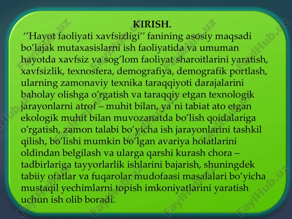 hasida aloqalar to`g`risida to`la tasavvur qilishda metodologik ahamiyatga ega. asos (negiz, printsip) - bu fikr, g`oya, maqsad (asosiy holatdir). usul - bu eng umumiy qonuniyatlarni bilish orqali maqsadga erishish yoli. xavfsizlikni ta`minlash asoslari va usullari mantiq va dialektikaga xos umumiy usullarga tegishli bo`lmay, mahsus va ayrim usullardan hisoblanadi. usullar va asoslar o`zaro bogliqdir. xavfsizlikni ta'minlash choralari - bu usullarni va asoslarni amaliy, tashkiliy, moddiy gavdalantirib amalga oshirishdir. asoslar, usullar, choralar - bu xavfsizlikni ta`min etishdagi mantiqiy pog`onalardir. ularni tanlab olish faoliyatning aniq sharoitlariga, xavfning darajasiga va boshqa me’zonlarga bog`liq. xavfsizlikni ta'minlash yo`llari yo`naltiruvchi: texnik: boshqaruv tashkiliy 1 4 3 2 yo`naltiruvchi: 1) operatorning faolligi; 2) faoliyatning muruvvatlash (odamiyligi, muruvvatliligi); 3) tuzulishning tartibsizlanishi (destruksiya); 4) operatorni almashtirish; 5) turkumlashlar (klassifikatsiya); 6) xavflarni yo`qotish; 7) tartiblash (sistemalash); 8) xavfni kamaytirish. 1 texnik: 1) blokirovkalash; 2) vakuumlash; 3) zichlash (germetizatsiya); 4) masofa bilan himoyalash; 5) mahkamlash - puxtalash; 6) to`siqlar orqali (ekranlash); 7) …