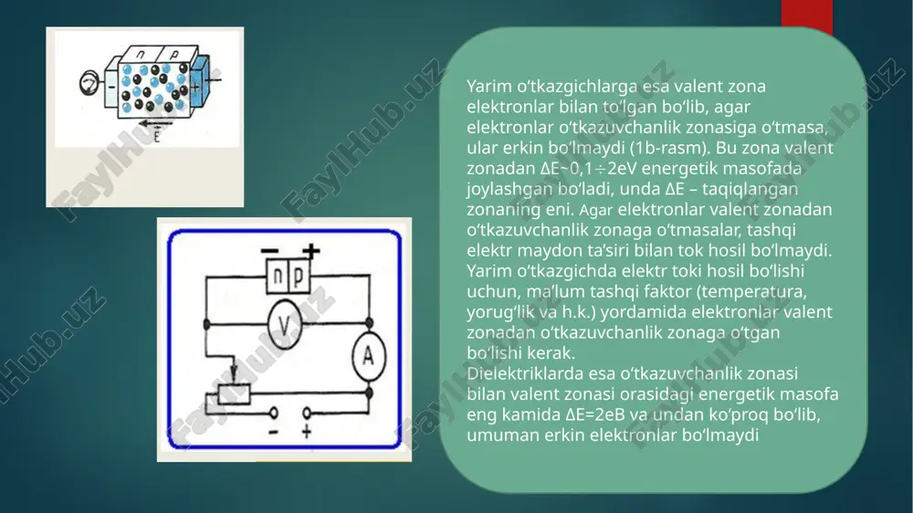 rga ajratiladi: 1) gaz; 2) suyuq; 3) qattiq. texnikada ishlatiladigan barcha izolyatsiya materiallari elektr maydoni ta’sirida ma’lum energiya nobudligiga sabab bo‘ladi. tabiatda absolyut dielektrik yo‘q. dielektrikdan oz bo‘lsa-da, tok o‘tadi, natijada ma’lum energiya issiqlik energiyasiga aylanadi. agar dielektriklar o‘zgarmas kuchlanish ta’siri ostida bo‘lsa, unda hosil bo‘luvchi nobudliklar faqat lens-joul qonuniga bog‘liq bo‘ladi. dielektrikka o‘zgaruvchan kuchlanish ta’sir etsa, unda qo‘shimcha nobudliklar ham bo‘ladi. bunday energiya nobudligi dielektrik gisterezisidir. bu nobudlik quyidagi formula bilan aniqlanadi: bu yerda k – material xususiyatiga bog‘liq bo‘lgan koeffitsiyent; f – o‘zgaruvchan tok chastotasi; e – elektr maydonining kuchlanganligi. (1) formulasi bo‘yicha dielektrik gisterezis nobudligi chastota oshgan sari ko‘payadi. yuqori chastotali o‘zgaruvchan kuchlanishlarda, dielektrik isitish texnikasi va boshqalarda uning hosil qiladigan nobudliklari juda katta ahamiyatga ega bo‘ladi. elektr energiyasi hosil qilish, yuborish va iste’mol etishda elektr o‘tkazuvchi qismlar orqali o‘tgan tok tarqalib ketmasligi uchun o‘tkazgichlar bir-biridan maxsus materiallar vositasida ajratiladi. bular elektr izolyatsion materiallar deb ataladi. elektr …