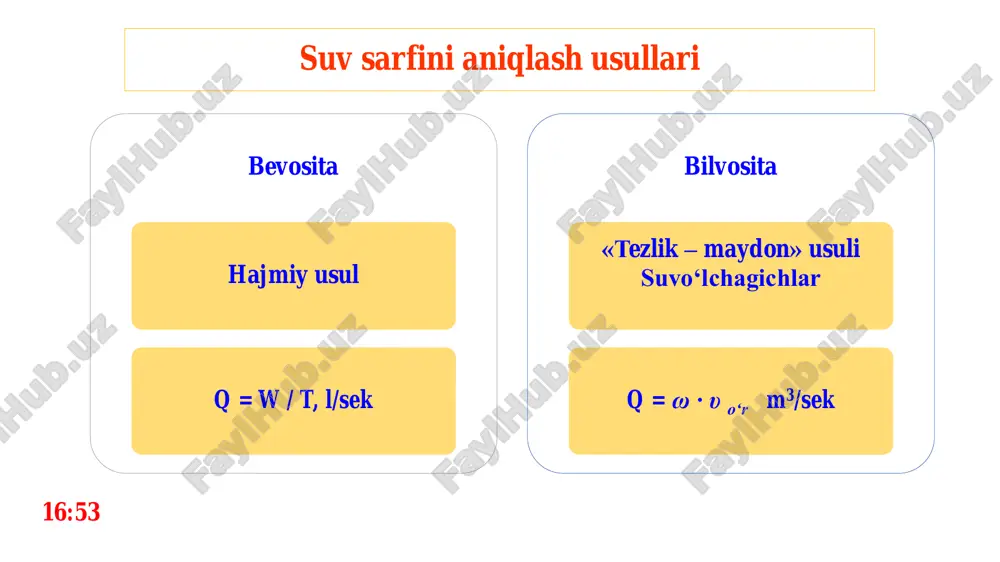 chi chiziq izotaxa deb ataladi. oqim ko’ndalang kesimida izotaxalarning tasvirlanishi suvning oqish tezligini hisoblash ifodasi parrakning bir sekunddagi aylanishlari sonini aniqlab, suvning oqish tezligini quyidagi ifoda yordamida hisoblash mumkin: v = v0 + k  n, bu yerda: v–suvning oqish tezligi, m/s; v0-boshlang’ich tezlik, m/s; k-koeffitsient, n-parrakning 1 sekunddagi aylanishlari soni. ko’pchilik hollarda v0 = 0,03 - 0,07 m/s oralig’ida bo’ladi. gidrometrik parrakning bog’lanish grafigi )(nf oqib ketayotgan jismning tezligini hisoblashga asoslangan usul tezlikni o'lchash uchun turli xil suzuvchi vositalardan (po‘kaklardan) foydalaniladi, ularni kerakli chuqurlikka tushirilish mumkin. yuza po‘kaklari chuqurlik po‘kaklari integrator po‘kaklar http://www.domastroim.su/netcat_files/image/picohydro3.jpg http://www.domastroim.su/netcat_files/image/picohydro3.jpg pito trubkasi buning uchun naycha oqimga qaragan teshik bilan oqimga kiritiladi. tezlik tezlik bosimiga bog‘liq holda aniqlanadi, tezlik bosimi to'g'ridan-to'g'ri trubadagi sath balandligidan o'lchanadi. o'lchov naychalari oqimning ma'lum nuqtalarida mahalliy tezlikni ta'minlaydi. suvning oqish tezligini jonli kesmaning istalgan nuqtasida o’lchash 32 gidrometrik parrak suvning oqish tezligini jonli kesmaning istalgan nuqtasida o’lchash imkonini beradi. gidrometrik parrak …