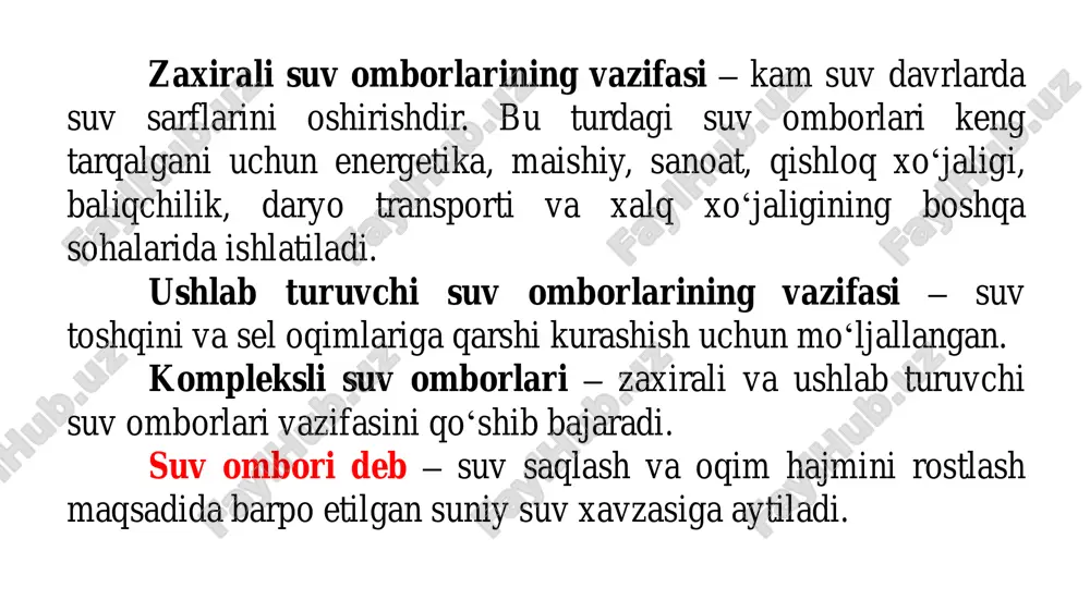 áîðëàðè óìóìèé êo'ðèíèøè, ñóâíè òo'ïëàø øàðò- øàðîèòëàðè, òo'g'îíèíèíã qóðèëèøè óñóëëàðè áo'éè÷à qóéèäàãè ãóðóhëàðãà àæðàòèø ìóìêèí î÷èq ñóâ îìáîðëàðè ¸ïèq ñóâ îìáîðëàðè äàìáàëè ñóâ îìáîðëàðè òo'g'îíëè ñóâ îìáîðëàðè sóâ ñàqëàíàäèãàí êàòòà-êè÷èê èäèøëàð, ðåçåðâóàðëàð êèðàäè ìàúëóìêè, êo'ï÷èëèê hîëëàðäà ñóâ îìáîðëàðè äàð¸ëàð âîäèéñèãà òo'g'îí qóðèø éo'ëè áèëàí áàðïî ýòèëàäè. áó õèëäàãè ñóâ îìáîðëàðè ýíã êo'ï òàðqàëãàí âà õàëq õo'æàëèãèäà óëàðíèíã àhàìèÿòè æóäà êàòòà. òo'g'îíëè ñóâ îìáîðëàðè to'g'îíëàð âàçèôàñèãà êo'ðà: sóâ ñàòhèíè êo'òàðèøãà ìo'ëæàëëàíãàí òo'g'îíëàð. (ýíåðãåòèêà, äàð¸ äàí ñóâ îëèø ìàqñàäëàðèäà qóðèëàäè) sóâíè òo'ïëàø âà äàð¸ îqèìèíè áîøqàðèø ìàqñàäèäà qóðèëãàí òo'g'îíëàð. ñóâ îìáîðëàðè æîéëàøèø o'ðíèãà êo'ðà quyilma (òo'ëäèðèëàäèãàí) ñóâ îìáîðëàðè o'çàí ñóâ îìáîðëàðè o'çàí ñóâ îìáîðëàðè • o'çàí ñóâ îìáîðëàðè äàð¸ ¸êè ñîéëàð âîäèéëàðèäà áàëàíä òo'g'îíëàð qóðèá, ñóâ îqèìèíè áåâîñèòà òo'ñèø éo'ëè áèëàí áàðïî ýòèëàäè. • óëàðíèíã òo'g'îíîëäè qèñìè ýíã ÷óqóð áo'ëèá, óíäàí äàð¸ o'çàíè áo'éè÷à þqîðèëàøãàí ñàðè ÷óqóðëèê êàìàéèá áîðàäè. • ìàçêóð òóðäàãè ñóâ îìáîðëàðèíè qóðèø èqòèñîäèé íóqòàèíàçàðäàí àí÷à òåæàìëèäèð • o'ëêàìèçäàãè êo'ï÷èëèê …
