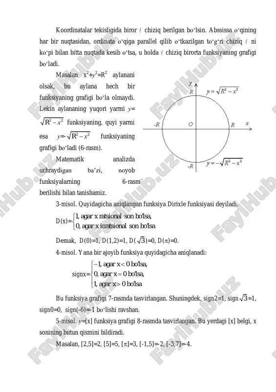salan, {2,5}=0,5. {5}=0, {}=-3, {-1,2}=0,8. 4. funksiyalar ustida amallar. aytaylik x to‘plamda aniqlangan ikki f(x) va g(x) funksiyalar berilgan bo‘lsin. agar ixtiyoriy xx uchun f(x)=g(x) bo‘lsa, u holda bu funksiyalar x to‘plamda o‘zaro teng funksiyalar deyiladi. shuningdek, x to‘plamda berilgan f(x) va g(x) funksiyalarning yig‘indisi f1(x)=f(x)+g(x), ayirmasi f2(x)=f(x)-g(x), ko‘paytmasi f3(x)=f(x)g(x) va bo‘linmasi f4(x)= ( ) ( ) f x g x (g(x)0) yana funksiya bo‘ladi. masalan, f(x)=x 2 , g(x)=x 2 +1 funksiyalar x=r da berilgan bo‘lsa, u holda f1(x)=2x 2 +1, f2(x)=-1, f3(x)= x 4 +x 2 , f4(x)= 2 2 1 x x  lar ham x dagi funksiyalardir. o‘z-o‘zini tekshirish uchun savollar 1. qanday o‘zgaruvchi miqdor argument, qanday o‘zgaruvchi funksiya deyiladi? 2. funksiya tushunchasi qanday ta’riflanadi? 3. qachon funksiya berilgan deyiladi? 4. funksiyaning aniqlash sohasi nima? qiymatlar to‘plamichi? 5. funksiyaning xususiy qiymati nima?