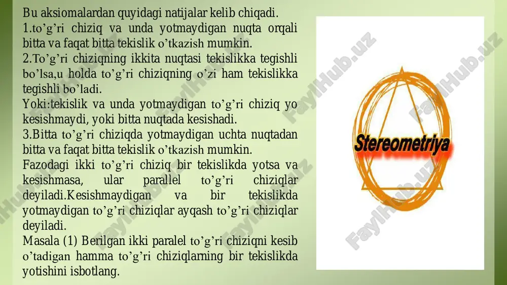 uqtada,ikkinchi uchi tekislikda yotgan va tekislikka perpendikulyar bo’lmagan istalgan kesmaga aytiladi. kesmaning tekislikda yotgan uchi og’maning asosi deyiladi. bitta nuqtadan o’tkazilgan va og’maning asoslarini tutashtiruvchi kesma og’maning proeksiyasi deyiladi. ikki yoqli (dihedral) burchak — taʼrif va tushuncha ikki yoqli burchak — bu ikki tekislikning umumiy kesishish chizig‘i (qirra) atrofida hosil bo‘lgan fazoviy burchakdir. •kesishish chizig‘i — burchakning qirrasi (edge). •har bir tekislik — burchakning yoqi (face). o‘lchovi (maʼnosi) ikki yoqli burchakni o‘lchashning ikkita ekvivalent usuli: 1.yoqlardagi perpendikulyarlar usuli: qirraga (kesishish chizig‘iga) perpendikulyar bo‘lgan ikkita chiziq (har biri o‘z yoqida) tortiladi. bu ikki chiziq orasidagi tekis burchak — dihedralning o‘lchovi. 2.normalar usuli (vektorlar orqali): tekisliklarning normallari n1 \mathbf{n}_1n1 va n2\mathbf{n}_2n2 olinadi. tekisliklar orasidagi burchak θ\thetaθ normalar orasidagi burchakka teng (yoki uning supplementi). agar kerak bo‘lsa, formuladan foydalaniladi: bu yerda ∣⋅∣|\cdot|∣⋅∣ — modul belgisi; modul olinishi burchakni 0°–90° oralig‘ida beradi. agar kerakli bo‘lsa, yoqilgan yoq (oriented) dihedralni olish uchun modulni olib tashlash …