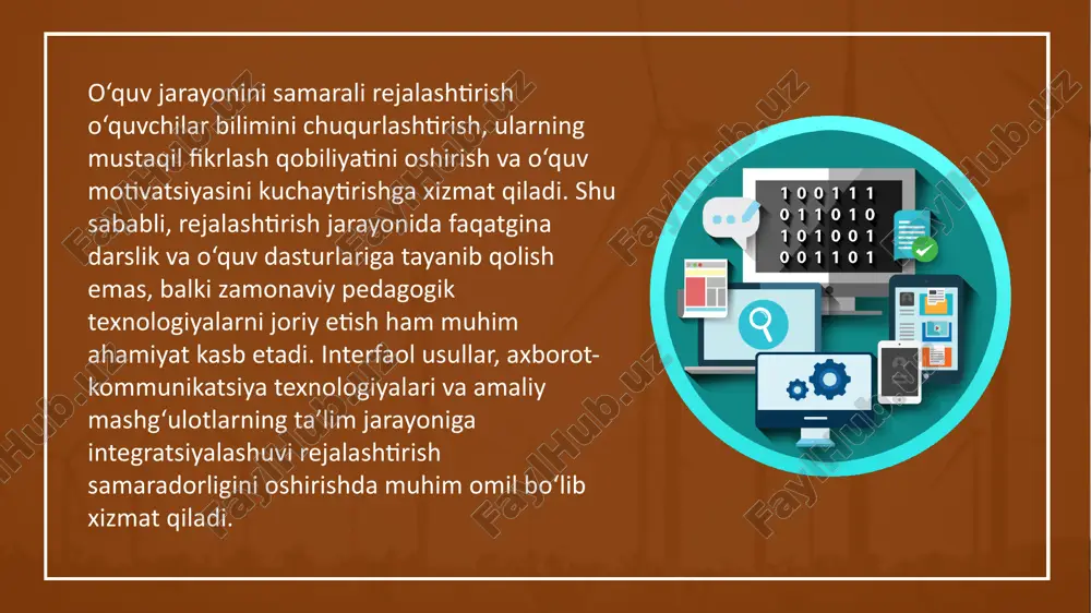 bilimlarni o‘zlashtiradi. 8 moslashuvchan rejalashtirish metodi. bu metodda o‘quv dasturi va mashg‘ulotlar shakli o‘quvchilarning ehtiyojlari va qiziqishlariga qarab o‘zgaruvchan shaklda tuzilib o‘quv jarayonida interfaol dars usullari, guruhli ishlar, axborot-kommunikatsiya texnologiyalari va masofaviy ta’lim vositalari faol qo‘llaniladi. talabalar mustaqil ta’lim olishga rag‘batlantiriladi va ularning individual o‘zlashtirish sur’ati hisobga olinadi. natija. o‘quv jarayonini rejalashtirish ta’lim samaradorligini oshirishda muhim ahamiyatga ega bo‘lib, uning to‘g‘ri tashkil etilishi o‘qitish sifatini belgilovchi asosiy omillardan biri hisoblanadi. o‘quv jarayonini rejalashtirishning turli yondashuvlari mavjud bo‘lib, ularning har biri o‘ziga xos afzallik va kamchiliklarga ega. kompetensiyaviy yondashuv o‘quvchilarning amaliy bilim va ko‘nikmalarini rivojlantirishga qaratilgan bo‘lib, ularni real hayot sharoitlarida o‘z bilimlarini qo‘llay olishga tayyorlaydi. modulli yondashuv o‘quv dasturini mustaqil bloklarga ajratish orqali o‘quvchilarga moslashuvchan ta’lim olish imkonini beradi. ushbu metod ayniqsa, zamonaviy kredit-modul tizimida samarali qo‘llanilmoqda. moslashuvchan rejalashtirish esa o‘quvchilarning ehtiyojlari va qiziqishlariga qarab ta’lim dasturiga o‘zgarishlar kiritish imkonini beradi. bu yondashuv interfaol o‘qitish usullari, axborot-kommunikatsiya texnologiyalaridan keng foydalanish …
