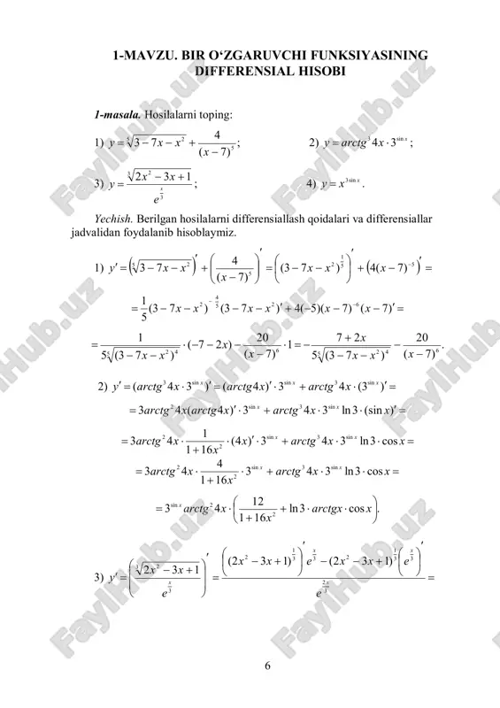 qo‘llanma. 1-qism. –t.: «fan va texnologiya», 2015, 408 bet. 4. a.p.ryabushko i dr. sbornik zadach individualnix zadaniy po visshey matematike. ch. 2– minsk, visshaya shkola, 1991. 5. o.v zimina, a.i.kirillov, t.a. salnikova, visshaya matematika. m.: fizmatlit, 2001. 6. p.s. danko, a.g.popov, t.ya.kojevnikova. visaya matematika v uprajneniyax i zadachax. ch.1. –m.: 2003. 7. k.n.lungu, e.v.makarov. visshaya matematika. rukovodstvo k resheniyu zadach. ch.1 – m.: fizmatlit, 2007. 8. chernenko v.d. visshaya matematika v primerax i zadachax. 1tom. spb. “politexnika”, 2003. nazorat ishini bajarish bo‘yicha uslubiy ko‘rsatmalar uslubiy ko‘rsatmaning ushbu bandida nazorat ishlarining namunaviy masalalari yechib ko‘rsatilgan. masalalarning yechimi talaba nazorat ishini bajarishi jarayonida o‘rganishi kerak bo‘lgan mavzular bo‘yicha keltirilgan. masalalarning yechimi talaba o‘zining variantini bajarishida faodalanilishi mumkin bo‘lgan formula va tushunchalarni o‘z ichiga olgan. ta’kidlash joizki, bu formula va nazariy tushunchalar faqat amaliy mashg‘ulotlarda va nazorat ishlarini bajarilishida qo‘llanilishi mumkin. ular yakuniy nazoratni topshirish uchun yetarli emas. 6 1-mavzu. bir o‘zgaruvchi funksiyasining …