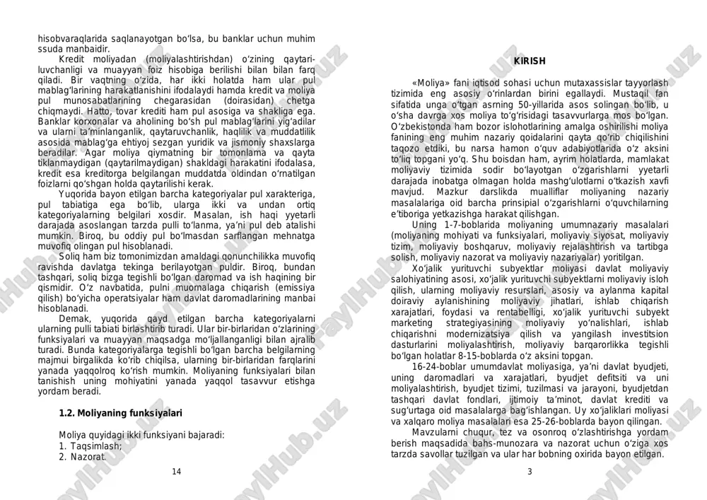 ssuda manbaidir. kredit moliyadan (moliyalashtirishdan) o‘zining qaytari- luvchanligi va muayyan foiz hisobiga berilishi bilan bilan farq qiladi. bir vaqtning o‘zida, har ikki holatda ham ular pul mablag‘larining harakatlanishini ifodalaydi hamda kredit va moliya pul munosabatlarining chegarasidan (doirasidan) chetga chiqmaydi. hatto, tovar krediti ham pul asosiga va shakliga ega. banklar korxonalar va aholining bo‘sh pul mablag‘larini yig‘adilar va ularni ta’minlanganlik, qaytaruvchanlik, haqlilik va muddatlilik asosida mablag‘ga ehtiyoj sezgan yuridik va jismoniy shaxslarga beradilar. agar moliya qiymatning bir tomonlama va qayta tiklanmaydigan (qaytarilmaydigan) shakldagi harakatini ifodalasa, kredit esa kreditorga belgilangan muddatda oldindan o‘rnatilgan foizlarni qo‘shgan holda qaytarilishi kerak. yuqorida bayon etilgan barcha kategoriyalar pul xarakteriga, pul tabiatiga ega bo‘lib, ularga ikki va undan ortiq kategoriyalarning belgilari xosdir. masalan, ish haqi yyetarli darajada asoslangan tarzda pulli to‘lanma, ya’ni pul deb atalishi mumkin. biroq, bu oddiy pul bo‘lmasdan sarflangan mehnatga muvofiq olingan pul hisoblanadi. soliq ham biz tomonimizdan amaldagi qonunchilikka muvofiq ravishda davlatga tekinga …