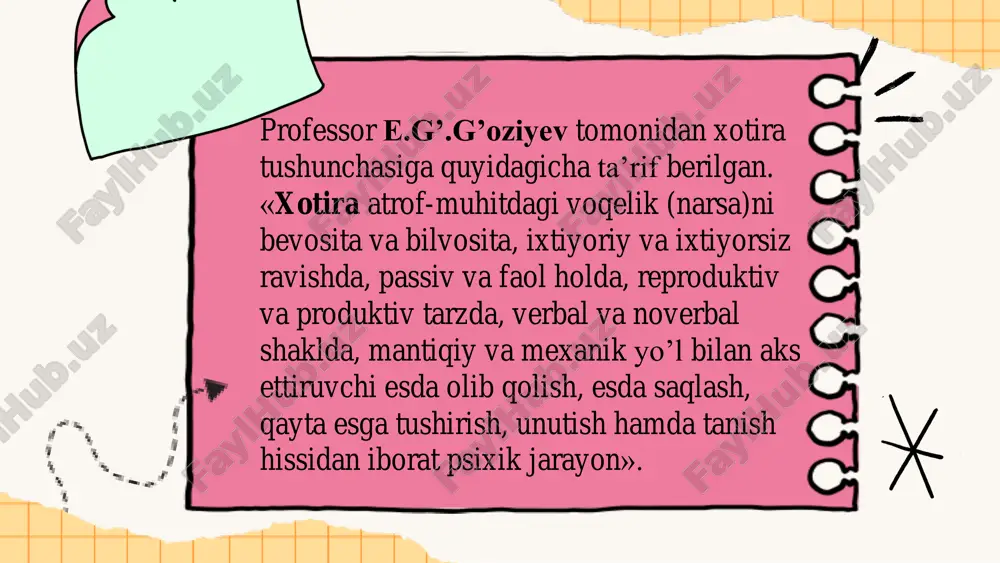 hodisani esga tushirishdir eslash- narsa va hodisalarni, uni ayni paytda idrok qilmay esga tushirishdir. bevosita eslash- tushirish materialni idrok qilish ketidanoq esga tushirishdan iborat. vaqt oʼtkazib eslash- esda olib qolingan narsani oradan bir qancha vaqt oʼtkazib esga tushirishdirki, bunda shu orada ongimizda boshqa jarayonlar oʼtgandek boʼladi. ixtiyorsiz esga tushirish -oʼz oldiga biror bir maqsadni qoʼyamasdan iroda kuchini sarf qilmasdan esga tushirishdir. ixtiyoriy esga tushirish-shaxs oʼz oliga biror bir maqsadni qoʼyib, iroda kuchini sarflagan holda esga tushirishdir. esda saqlash deganda ilgari tugʼilgan taassurot, fikr, his-tuygʼu va ish-harakatlarning takrorlanishiga moyillik paydo qilishi va mustahkamlanishi tushuniladi reministsentsiya hodisasi (xira esga keltirish)-unutilgan narsalarni yana xotirada qaytadan tiklanishi deyiladi esda olib qolish va unutish tezligiga koʼra xotiraning quyidagi tiplari mavjud: 1) tez esda qoldirib, sekin unutish; 2) tez esda qoldirib, tez unutish; 3) sekin esda qoldirib, sekin unutish; 4) sekin esda qoldirib, tez unutish. xotira tasavvurlari -ilgari idrok qilingan narsa va hodisalar obrazlarining ongimizda qaytadan …