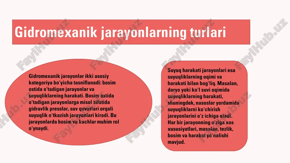 onuni va arximed qonuni. 1. **bernoulli qonuni**: bu qonunga ko'ra, suyuqlikdagi bosim, tezlik va balandlik o'rtasidagi o'zaro bog'liqlik mavjud. misol sifatida, samolyot qanotlarining shakli orqali havo oqimining tezligi oshib, bosimning pasayishini ko'rsatish mumkin. bu hodisa samolyotning uchishiga olib keladi. 2. **pascal qonuni**: bu qonun suyuqlik ichida bosim o'zgarishining barcha yo'nalishlarda bir xil tarqalishini ta'minlaydi. misol: gidravlik liftlar, ular pastki qismga bosim o'tkazib, yukni yuqoriga ko'taradi. 3. **arximed qonuni**: bu qonun suyuqlikda joylashgan jismlar ustiga ta'sir etuvchi ko'taruvchi kuchni belgilaydi. misol: suvda suzayotgan qayiq, uning suyuqlikda joylashgan qismi uchun ko'taruvchi kuch hosil qiladi. • gidromexanik qonunlar turli sohalarda keng qo'llaniladi. misol uchun, bernoulli qonuni aviatsiyada, suyuqliklar dinamikasida va sport mashinalarining aerodinamikasida qo'llaniladi. pascal qonuni gidravlik tizimlar, masalan, avtomobil to'xtatgichlarida ishlatiladi. arximed qonuni esa suzuvchi transport vositalari va ko'taruvchi qurilmalar uchun muhimdir. ushbu qonunlar orqali suyuqliklarning harakati va ta'sirlari juda ko'p muammolarni hal qilishda yordam beradi. gidromexanik jarayonlarning turlari gidromexanik jarayonlar suyuqlik …