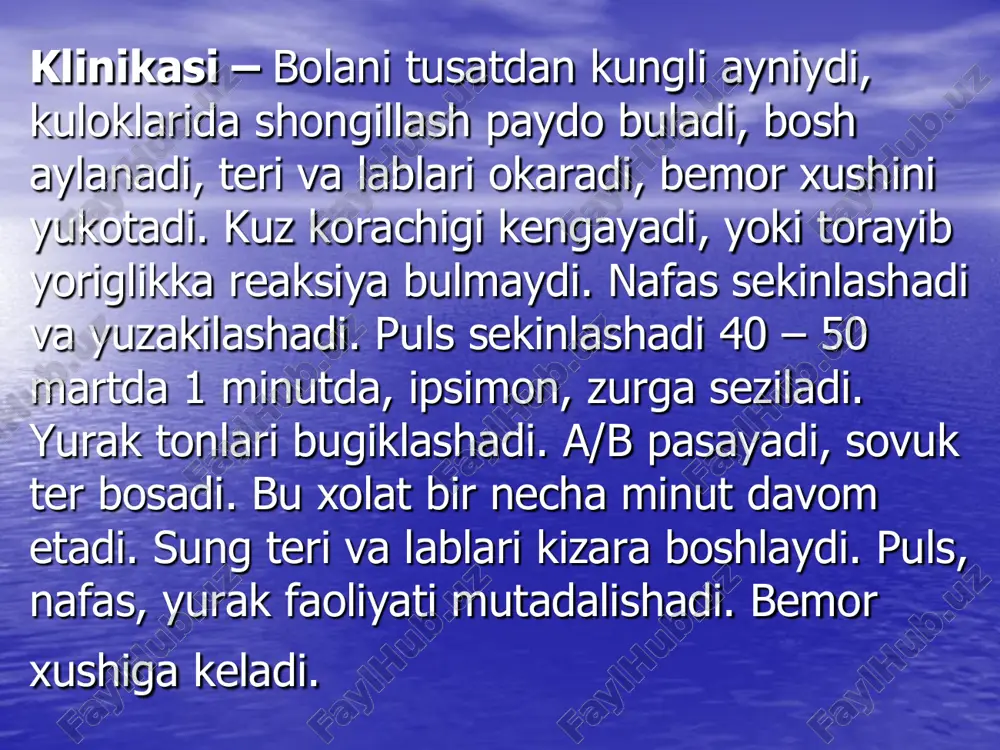 ik belgilaridan biridir. bemorni travmadan keygingi taxikardiya bulishi mumkun, bunda kokain yoki psixostimulyatorlar kunlanadi. teri sovuk, okargan, yopishkok ter ajratadi. psixik buzilishlar, kuzgalgan, xotirasi buzilishi, garang. arterial gipotoniya, dastlab puls bosimi pasayadi. bu tomirlar torayishi natijasida buladi, barcha kon ichki xayot uchun muxim organlarga tuplanadi. gipovolemik shokni kechki belgisi dan biri arterial bosimni tushishi xisoblanadi. septik shok. ertangi boskich («issik shok») tana xarorati tushadi, pereferik tomirlari kengayadm, a/b pasayadi infeksiyaga javoban pereferik vazodilyatatorlar simpatik nerv sistemasini kuzgaydi. natijada chss kutariladi. simptomlari. istima va kakshash, oligouriya,taxikardiya, arterial gipotoniya, puls bosimni ortishi, oyok kul terisi kiziydi, kuruk pushti rang, psixik buzilishlar (kuzgaluvchan, xotirasini buzilishi). giperventilyatsiya va respirator alkoloz. kechki boskichi (sovukshok), notugri davolash va infeksiya farklolmasligi septik shokni keyingi boskichiga utishiga sabab buladi. bunda: gipovolemiya konni kaytadan taksimlanishi, simpatik nerv sistemasini kuzgatadi. davolash taktikasi. asosiy prinsiplari. -tezlik bilan shokni sababini yukotish kerak. -kon ketishini tuxtatish. -ichki kon ketishda operatsiya. -sepsisda antibiotiklar buyurish …