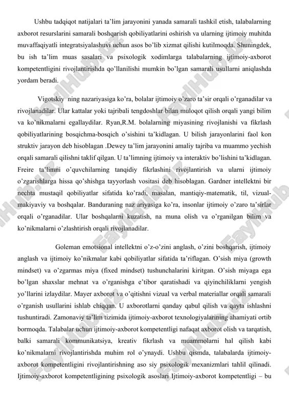 labalar uchun ijtimoiy-axborot kompetentligi nafaqat axborot olish va tarqatish, balki samarali kommunikatsiya, kreativ fikrlash va muammolarni hal qilish kabi ko’nikmalarni rivojlantirishda muhim rol o’ynaydi. ushbu qismda, talabalarda ijtimoiy-axborot kompetentligini rivojlantirishning aso siy psixologik mexanizmlari tahlil qilinadi. ijtimoiy-axborot kompetentligining psixologik asoslari ijtimoiy-axborot kompetentligi – bu shaxsning ijtimoiy va axborot texnologiyalaridan samarali foydalanish qobiliyati bo’lib, u quyidagi psixologik komponentlardan iborat: kognitiv qobiliyatlar: axborotni qidirish, tanlash, tahlil qilish va baholash. emotsional qobiliyatlar: emotsiyalarni boshqarish va ijtimoiy vaziyatlarda emotsional in tellektni qo’llash. motivatsiya: o’rganishga va yangi texnologiyalarni o’zlashtirishga bo’lgan ichki intilish. asosiy psixologik mexanizmlar motivatsiya va uning roli motivatsiya – talabalarni ijtimoiy-axborot kompetentligini rivojlantirishga undovchi asosiy kuchlardan biridir. ichki motivatsiya (qiziqish, o’rganishga bo’lgan intilish) va tashqi motivatsiya (daraxtlar, mukofotlar) talabalarni yangi ko’nikmalarni o’zlashtirishga rag’batlantiradi. kognitiv jarayonlar ijtimoiy-axborot kompetentligini rivojlantirishda kognitiv jarayonlar, masalan, diqqatni jamlash, axborotni qayta ishlash va tanqidiy fikrlash muhim ahamiyatga ega. talabalar axborotni samarali qidirish va tahlil qilish orqali o’z bilimlarini kengaytiradilar. …