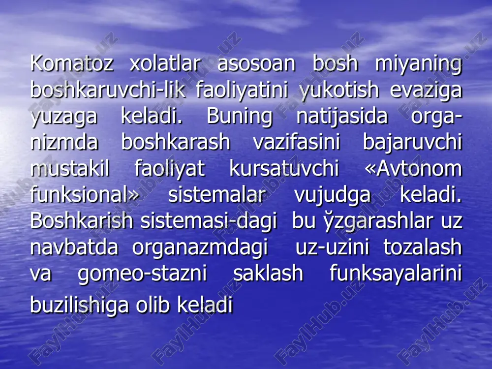 tovush yoki ogrik ta’sirida kuzni ochish; - berilgan topshirikni bajarish; - midriaz (rasshirenie zrachkov); - muskullar atoniyasya; - nafas olishni buzilish darajasi; - korneal va tizza reflekslari; - korachikni nurga reaksiyasi; - yo'tal refleksi; - spontan xarakat yoka ogrik ta’sirida xarakat; - majandi simptomi. yukorida sanab utligan simptomlar yordamida utkazilgan tekshirishlar natijasida mutaxassislar xozirgi kunda "komatoz" xolatlarni 5ta fazasini fark kilish kerak ekanligini taklif etishdi. ular kuyidagilardan iborat: 1-faza; terminal koma, bemorning xushi yuk, u topshirikni bajarmaydi,tovush va kuchli ogrik ta’sirida kuzini ochmaydia, muskul atoniyasi, ikki tomonlama midriaz xamda nafas olish buzilgan. 2-faza; chukur koma, oldingi fazadan farki midriazni yukligi 3-faza; koma bemorda midriaz yuk, muskul atoniyasi yuk, nafas olish buzilgan lekin kuzi yumik, kuzini nur va ogrik ta’sirida ochmaydi, vrach topshiriklarini bajara olmaydi. 4- faza; apallik sindromi, bu bemorni komadan chikish yoki uygonish davriga tugri keladi, tovush va ogrik ta’sirida kuzini ochadi, ammo vrach topshirigini bajara olmaydi. 5-faza; akinetik …