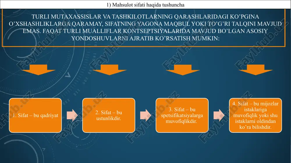 r olishni, bozor esa raqobatni ushlab turishni talab etadi. albatta bunday holatda sifatni ta’minlash u standartlarga mos bo’lishi zarur omil hisoblanadi. 13 foydalanilgan adabiyotlar: 1. rubin yu. b. konkurentsiya: uporyadochennoe vzaimodeystvie v profetsionalnom biznese. uchebnik.-m.: market ds, 2010.-464str. 2. rubin yu. b.teoriya i praktika predprinimatelskoy konkurentsii: uchebnik. 4-e izd. pererabotannoe i dopolnennoe.-m.: ooo «market ds korporeyshn», 2008.-608 str. 3. nosov n.s. konkurentnaya strategiya kampanii, ili marketingovie metodi konkurentnoy borbi. uchebnik.-m.: izdatelsko-torgovaya korporatsiya «dashkov i k»; «saratov»: ooo «angleys», 2009.- 256 str. 4 porter, maykl e. konkurentnaya strategiya: metodika analiza otrasley i konkurentov / per. s ang. uchebnik.-2-izd.- m.: alpina biznes buks, 2009.- 516 str. 4. taranuxa yu. v. konkurentsie i konkurentnie strategii (v strukturno – logicheskix sxemax): ucheb.-metod. posobie. m.:izdatelstvo «delo i servis». 2008.-272 str. 5. yasin e.g. konkurentosposobnst modernizatsiya ekonomiki. ucheb. posobie.- m.: izdatelskiy dom gu vshe, 2008.-456 str. 6.maykl x., best m. novaya konkurentsiya. instituti promishlennogo razvitiya. ucheb. …
