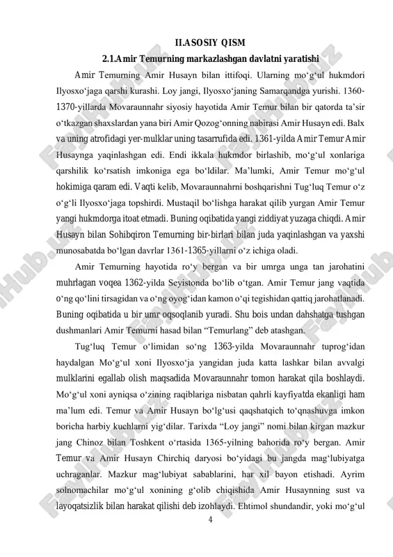 aliga keshga so‘ngra amudaryo orqali balxga o‘tib ketadi. yuqorida ta’kidlab o‘tganimizdek, bu paytda movarounnahrning bosh amiri husayn edi. biror qarorga kelish esa uning irodasiga bog‘liq bo‘lgan. shu sababli amir temur ham uning ko‘rsatmasi bilan, ko‘p hollarda husaynning roziligi bilan ish tutishga majbur edi. samarqand shahri, qolaversa, butun movaraunnahr o‘z holiga tashlab qo‘yildi. mo‘g‘ul xoni changalidan qutilish samarqandliklarning o‘ziga bog‘liq edi. bu sharoitda samarqand mudofaasini sarbadorlar o‘z qo‘llariga oldilar. sarbadorlar harakati. mo‘g‘ullarning chekinishi. sarbadorlar mo‘g‘ullar zulmidan ozod bo‘lish yo‘lida o‘zlarini qurbon qilishga tayyor edilar. sarbadorlar harakati xiv asrning 30-yillarida eronda ijtimoiy-siyosiy harakat sifatida paydo bo‘lib, 50-60-yillarda movarounnahrga ham yoyildi. harakat qatnashchilarining asosiy maqsadi mo‘g‘ul istilochilari va zulm o‘tkazuvchi mahalliy qatlamlarga qarshi kurash edi. xurosondagi singari samarqandda ham bu harakat qatnashchilarning ijtimoiy tarkibi aynan bir xil bo‘lgan. hunarmandlar, do‘kondorlar ayrim madrasa mudarrislari va talabalar mazkur harakatga faol qo‘shildi. ilyosxo‘ja to‘g‘ridan-to‘g‘ri samarqandga tomon yo‘l oldi. shahar jome’ machitiga yig‘ilgan aholi oldida sarbadorlarning bo‘lajak …