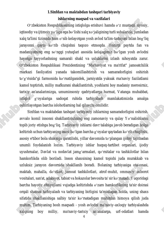 atadigan muhitdan himoya qilish juda muhim. tarbiyaning bosh maqsadi - yosh avlodni ma'naviy-axloqiy tarbiyalashda xalqning boy milliy, ma'naviy-tarixiy an'analarga, urf-odatlari hamda 5 umumbashariy qadriyatlarga asoslangan samarali tashkiliy, pedagogik shakl va vositalarini ishlab chiqib amalga joriy etishdir. tarbiyaning asosiy vazifasi - shaxsning aqliy, axloqiy, erkin fikrlovchi va jismoniy rivojlanishi hamda uning qobiliyatlarini har tomonlama ochish uchun keng imkoniyat yaratishdir. xullas, tarbiyaning negizida quyidagilar yotadi: - yoshlami erkin fikrlashga tayyorlash, hayot mazmumm tushunib olishiga koʻmaklashish, oʻz-oʻzini idora va nazorat qila bilishini shakllantirish, oʻz shaxsiy turmushiga maqsadli yondashuv, ularda reja va amal birligi hissini uygʻotish; - oʻquvchilami milliy, umuminsoniy qadriyatlar, vatanimizning boy ma'naviy merosi bilan tanishtirish, madaniy hamda dunyoviy bilimlami egallashga boʻlgan talablarini shakllantirish, malaka hosil qildirish va estetik tushunchalarini shakllantirish; - har bir oʻsmiming bilimdonligini va ijodiy imk:oniyatlarini aniqlab, ulami rivojlantirish. inson faoliyatini turli sohalarga yoʻnaltirish, bolalar ijodkorligi, iqtidorini yuzaga chiqarish va yanada qoʻllab-quvvatlash uchun shart-sharoit hozirlash; - insonparvarlik odobi me'yorlarini shakllantirish …