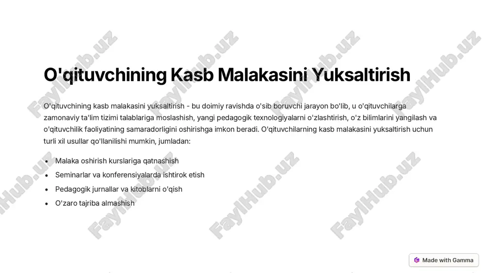 ini hisobga olish, ularni tinglash va tushunish kerak. 3 o'qitish samaradorligini baholash o'qituvchi o'z ishining samaradorligini baholash, o'quvchilarning bilim darajasini aniqlash va o'qitish jarayonini takomillashtirish kerak. 4 zamonaviy texnologiyalar o'qituvchi ta'limning zamonaviy texnologiyalarini o'zlashtirishi, ularni o'qitish jarayonida qo'llashi kerak. https://gamma.app/?utm_source=made-with-gamma o'qituvchi mehnatini ilmiy-uslubiy jihatdan tashkil etish o'qituvchi mehnatini ilmiy-uslubiy jihatdan tashkil etish - bu o'qituvchilik faoliyatini ilmiy asoslarda amalga oshirishni, zamonaviy pedagogik texnologiyalarni qo'llashni, o'qitish samaradorligini oshirishni va o'quvchilarning bilim darajasini yuksaltirishni ta'minlashga qaratilgan chora-tadbirlar majmuasidir. ilmiy-uslubiy jihatdan tashkil etishga quyidagi elementlar kiradi: ta'lim dasturlarini ishlab chiqish va takomillashtirish zamonaviy o'qitish usullarini tanlash va qo'llash o'qitish jarayonini tashkil etish va boshqarish o'qituvchilarning kasbiy o'sishini ta'minlash o'qituvchilarning o'qituvchilik faoliyatini baholash https://gamma.app/?utm_source=made-with-gamma