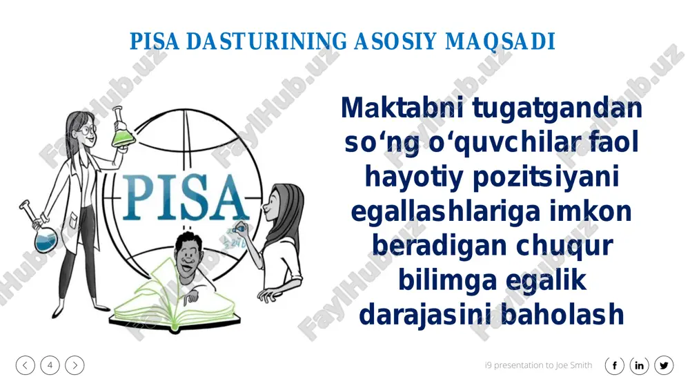 nlik o‘rtasidagi farq https://www.facebook.com/ https://www.linkedin.com/ https://twitter.com/ i9 presentation to joe smith29 ta’limga kirib kelayotgan yangiliklardan qo‘rqmang, vaqt keladiki, ular bizning kundalik ehtiyojimizga aylanadi! https://www.facebook.com/ https://www.linkedin.com/ https://twitter.com/ e’tiboringiz uchun rahmat! slayd nomer 1 slayd nomer 2 slayd nomer 3 slayd nomer 4 slayd nomer 5 turli yillarda o‘tkazilgan pisa tadqiqotlarida ustuvor yo‘nalishlar slayd nomer 7 xalqaro baholash dasturi doirasida asosan quyidagi muammolar tadqiq etiladi: slayd nomer 9 slayd nomer 10 pisa-2021 da topshriqlarning kontekst turkumiga qarab taqsimlanishi slayd nomer 12 matematikadan pisa topshiriqlarining turlari slayd nomer 14 slayd nomer 15 slayd nomer 16 slayd nomer 17 slayd nomer 18 slayd nomer 19 slayd nomer 20 slayd nomer 21 slayd nomer 22 �tabiiy fanlar bo‘yicha savodxonlik kompetensiyalari ilmiy bilish turi (bilim) slayd nomer 25 muammolar slayd nomer 27 slayd nomer 28 slayd nomer 29 slayd nomer 30