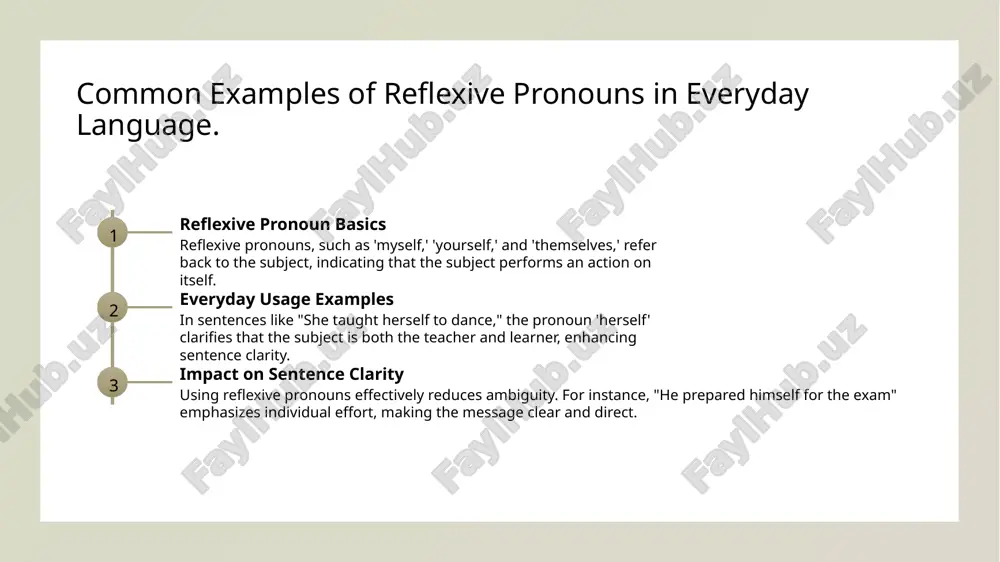 pronouns in the uzbek language and their significance. cultural relevance linguistic nuances educational impact in uzbek culture, pronouns reflect social dynamics. reflexive and reciprocal pronouns illustrate respect and relationships, emphasizing the importance of mutual understanding in communication. uzbek reflexive and reciprocal pronouns possess unique forms and usages, intricately tied to syntax. this highlights their role in conveying precise meanings within sentences. integrating reflexive and reciprocal pronouns in the uzbek curriculum enhances grammar competence, fostering better comprehension of sentence structure and effective communication skills. conclusions importance of pronouns cultural significance teaching strategies reflexive and reciprocal pronouns are essential for clarity and precision in communication, enhancing our ability to convey actions and relationships effectively. understanding these pronouns within the uzbek language context highlights their cultural relevance, reflecting social interactions and mutual relationships among speakers. incorporating reflexive and reciprocal pronouns into the uzbek curriculum is vital for developing grammatical competence and fostering deeper …