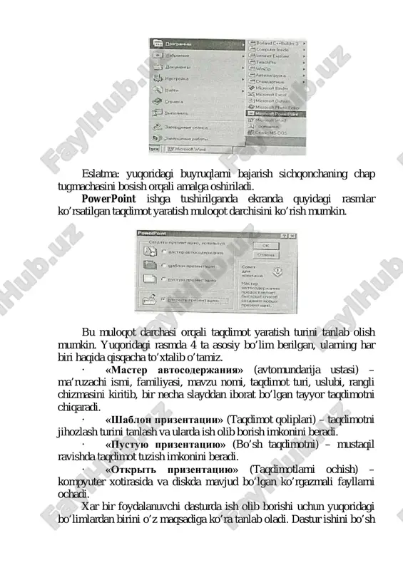 raqni boshkariluvchi matnlar bilan to’ldirish mumkin namoyish namoyish etish rejimi ko’rgazmaning oxirgi ko’rinishini ko’rish uchun mo’ljallangan. bu rejimda slaydlar ekranga ketma-ket chiqariladi. namoyish etish tartibi ko’zlanayotgan maqsadga qarab o’rnatiladi. yuqorida qayd etilganlarning barchasi namoyishdan avval tayyorlab qo’yiladi. powerpoint dan chiqish uchun «fayl» menyusidan «vixod» (chiqish) buyrug’i tanlanadi. taqdimotlar yaratish. yangi taqdimotni yaratishda powerpoint dasturining asosiy oynasidagi gorizontal menyuning «fayl»-«sozdat» (fayl-yaratish) buyruqlari ketma-ket bajariladi. bu buyruqlar bajarilgandan so'ng «sozdat prizentatsiyu» (prezentatsiya yaratish) muloqot darchasi qo'llanadi. bu oynada quyidagi funksiyalarni bajaruvchi buyruqlar mavjud: 1. «obshie» (umumiy) – yangi taqdimot yaratish qolipi; 2. «dizayni prizentatsiy» (taqdimot dizaynlari) turli taqdimotlarning tasvir ranglari va qoliplarini ko'rsatish, ya’ni rang turi, harflar ko'rinishi va taqdimotning boshqa atributlarini aniqlash uchun power pointning dizayn shablonini tanlash mumkin. 3. «prizentatsiya» (taqdimotlar) – bunda turli sohalarda ish olib borishga mo'ljallangan tayyor taqdimotlar ko'rinishlari keltirilgan. 4. «web-stranitsi» (web-sahifalar) ko'rinishidagi taqdimotlar. eslatma: yuqoridagi taqdimotlarni yaratish va ularning turlarini, dizaynlarini va sarlavhalarini tanlash sichqoncha …