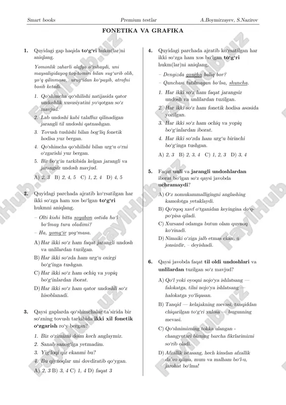 qiladi. d) hayot uyqudir, o‘limla uyg‘onur inson. sen shoshil, o‘lmasdan avval uyg‘on. 2. qaysi qatorda berilgan so‘zlar imloviy jihatdan to‘g‘ri yozilgan? a) shahanshoh, xipchabel, taasurot b) xo‘shxo‘shlamoq, taalluqli, birzayl c) shaytonlamoq, xoki-poy, yotag‘on d) zullisonayn, xo‘jako‘rsinga, taassuf 3. qaysi qatorda berilgan barcha so‘zlar qo‘shib yoziladi? a) kino//aktyor, poyma//poy, suv//osti, b) sog‘//tuproq, sor//burgut, ichak//uzdi c) poy//devor, qayroq//tosh, qazi//qartali d) uch//qirrali, sovuq//nafas, poy//andoz, 4. imloviy jihatdan to‘g‘ri yozilgan so‘zlar qatorini toping. a) zahri qotil, ko'ngilochar, tanazul b) shukuhbaxsh, muassasa, yoppasiga c) ma’dad, shuhratparast, yolchimoq d) shumqadam, taasurot, yeryong‘oq 5. qaysi gap tarkibida imloviy jihatdan xatolik kuzatilmaydi? a) kimki jahon ahlida inson erur, bilki, nishona anga imon erur. b) gunoh qilish ilimning barakasini yo‘qotadi, uni unutishga olib keladi. c) joxil dovulga o‘xshaydi, ovozi juda kuchli, ammo ichi bo'shdir d) kurash hayot sharoyitidir: kurash tugaganda hayot ham tugaydi. 6. qaysi qatorda berilgan so‘zlar imloviy jihatdan noto‘g‘ri yozilgan? a) zaxlamoq, shipshiydam, ku-kulamoq b) xilvatxona, mehmonnavoz, …