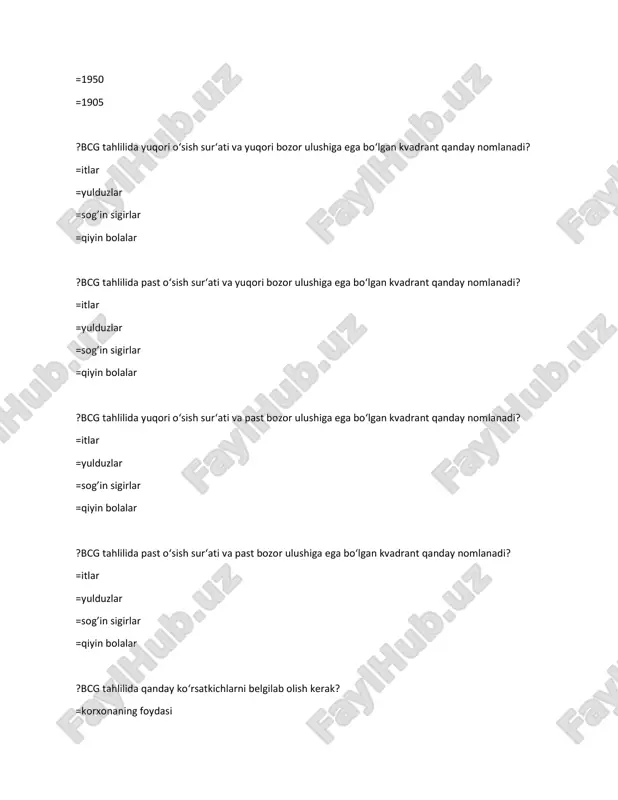 irishga qaratilgan tovarlar va xizmatlar =muayyan maqsadli auditoriyaga sotiladigan buyumlar va mahsulotlar =bozorda sotiladigan barcha narsalar =tovarlarni sotishning o'rtacha muddatli rejasi ?marketing strategiyasi .... =korxonaning ichki va tashqi muhitini bozor holatiga moslashtirish =uzoq muddatli istiqbolda ma'lum bir mahsulotni ishlab chiqarishning maqsadga muvofiqligini aniqlash =uzoq muddatli tovarlarni sotish rejasi =tovarlarni sotishning o'rtacha muddatli rejasi ?marketing makro muhiti ...... =iqtisodiy va siyosiy vaziyat, madaniyat holati, ekologiya, demografiya, huquq, fan va texnologiyaning rivojlanishi =xom-ashyo va mehnat resurslari bozoridagi xalqaro vaziyatlar =muayyan vaqt oralig'ida iste'molchilarning afzalligi =tovar sotish narxini shakllantirish ?segmentatsiya bu =xaridorlarni ma'lum bir belgilariga ko’ra guruhlarga bo'lish =tovarlarni sotishning eng oqilona sxemasi =tovarlarni sotish uchun geografik jihatdan qulay joyni aniqlash =tovarlarni reklama qilish va sotish usullari to'plami ?tovarlarning bozorga kirib borishi quyidagicha aniqlanadi ... =tovar hayot sikli bosqichi bilan =reklama kampaniyasi bilan =talabni shakllantirish bilan =sotishni rag'batlantirish bilan ?marketingda tovarlar bozorida talab quyidagicha aniqlanadi: =iste'molchi to'lov qobiliyatiga bog’liq mahsulotga bo'lgan ehtiyoji bilan …