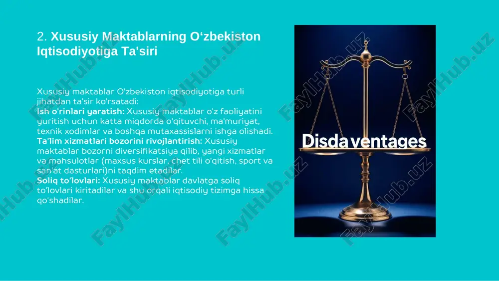 ususiy maktablar, odatda, o'z faoliyatlarini soliq imtiyozlari va boshqa moliyaviy qo'llab-quvvatlashlardan foydalanish orqali rivojlantiradilar. buning uchun quyidagi yondashuvlar amalga oshirilmoqda: soliq imtiyozlari va subsidiya: ayrim xususiy maktablarga davlat tomonidan soliq imtiyozlari yoki subsidiya beriladi. bu ularning faoliyatini moliyaviy jihatdan qo'llab-quvvatlashga yordam beradi. xususiy ta'limni rag'batlantirish: o'zbekiston hukumati xususiy ta'lim sektori uchun turli dasturlarni ishlab chiqmoqda, masalan, maktablarni modernizatsiya qilish va yangilashga yo'naltirilgan grantlar. xususiy maktablar va jamiyat: xususiy maktablarning jamiyatdagi roli ham katta. ular jamiyatning turli ijtimoiy va iqtisodiy qatlamlariga xizmat qiladigan muassasalar sifatida faoliyat yuritadi: ota-onalarga tanlov imkoniyati: xususiy maktablar ota- onalarga o'z farzandlari uchun eng yaxshi ta'lim variantini tanlashda yordam beradi. ijtimoiy barqarorlikni ta'minlash: xususiy maktablar ko'proq ijtimoiy guruhlarga moslashgan ta'lim dasturlarini taklif qilish orqali ta'limdagi tenglikni ta'minlashga xizmat qiladi. foydalnilgan adabiyotlar 1.o'zbekiston respublikasi prezidenti farmonlari va qarorlari 22.11.2024 yıldagi pq-403-son. 2.james tooley, ,, the global education industry” , institute of economic affairs (iea) nashriyoti, 1999-y. 238bet. 3. …